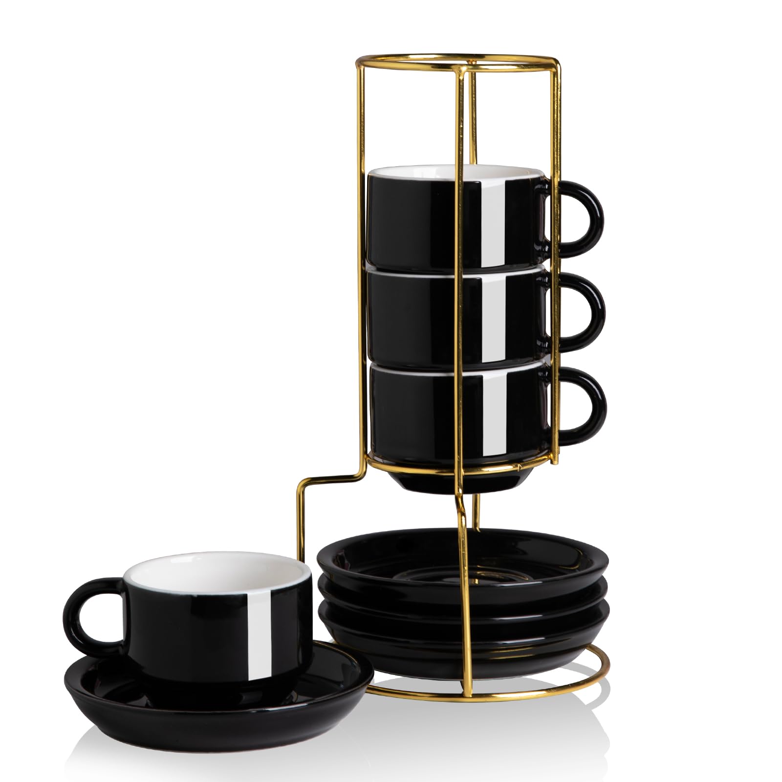 Sweejar Porcelain Espresso Cups with Saucers, 2.5 Ounce Stackable Cappuccino Cups with Metal Stand for Coffee Drinks, Latte, Tea - Set of 4 (Black)