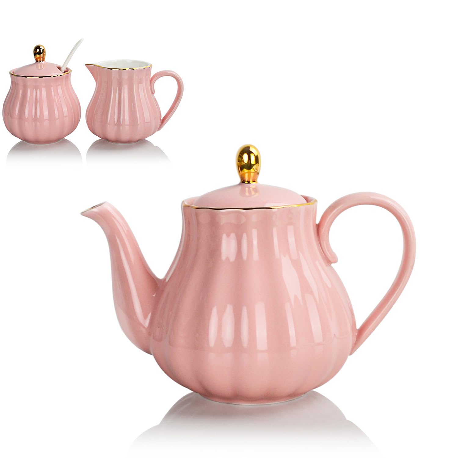 Sweejar Royal Ceramic Sugar and Creamer Set with Lid, 28 oz Teapot with Removable Stainless Steel Infuser,Blooming & Loose Leaf Teapot offee Serving Set Wedding Gift(Pink)