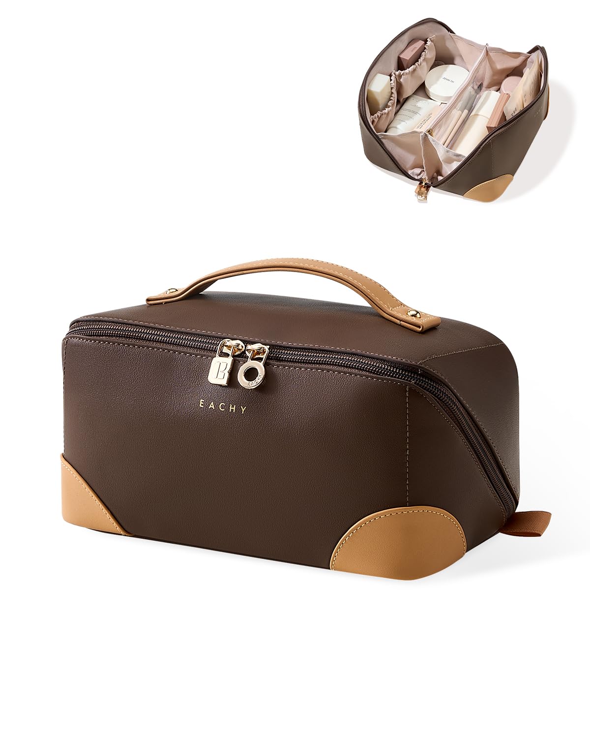 EACHY Travel Makeup Bag,Large Capacity Cosmetic Bags for Women,Waterproof Portable Pouch Open Flat Toiletry Bag Make up Organizer with Divider and Handle