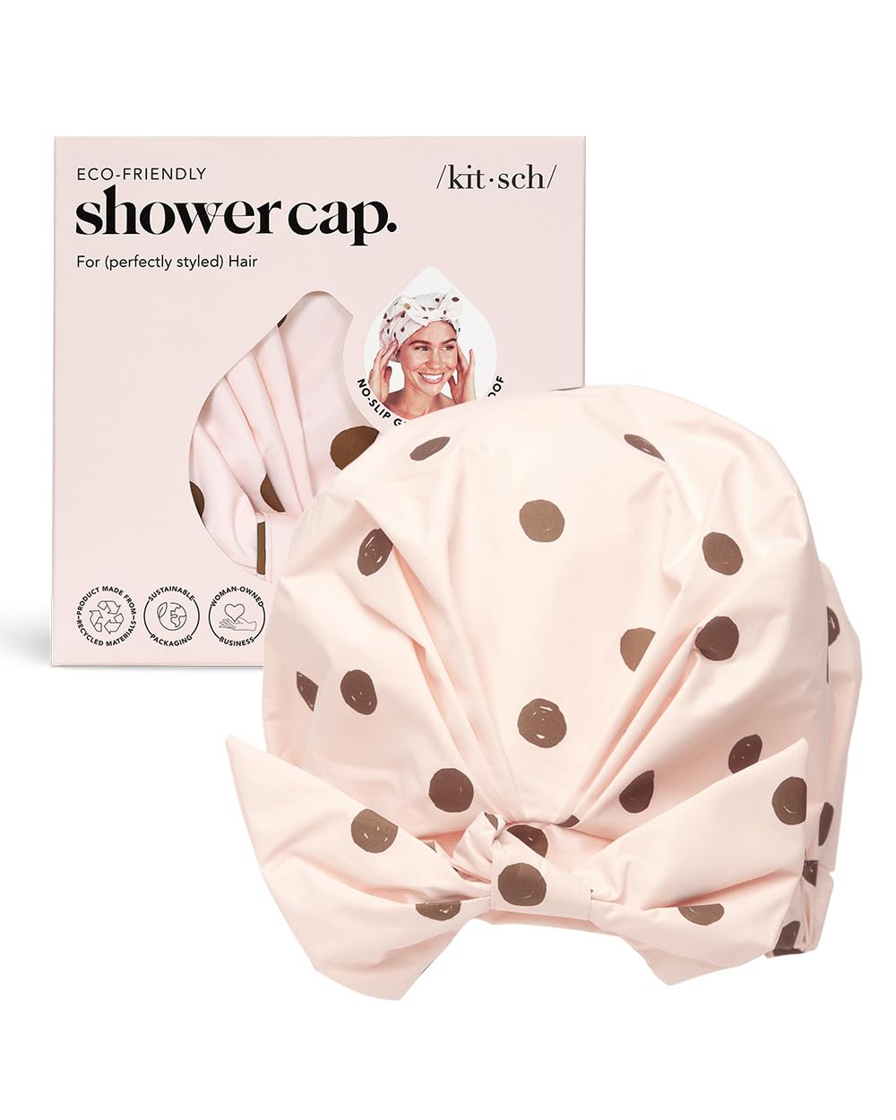 Kitsch Luxury Shower Cap for Women - Reusable Shower Cap for Long Hair with Non Slip Silicon Grip | Waterproof Hair Cap for Shower with One Size Fits Most | Stylish Hair Cover for Shower (Blush Dot)
