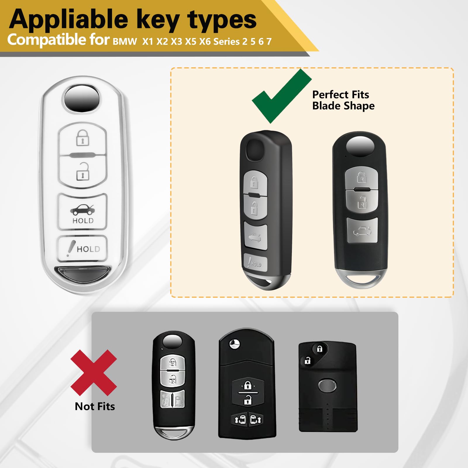 Cadillac Key Fob Cover with Metal Braided Rope Keychain, Upgraded Soft Key Case for 2015-2019 Escalade CTS SRX XT5 ATS STS CT6 (5 Button) (Gold Edge)