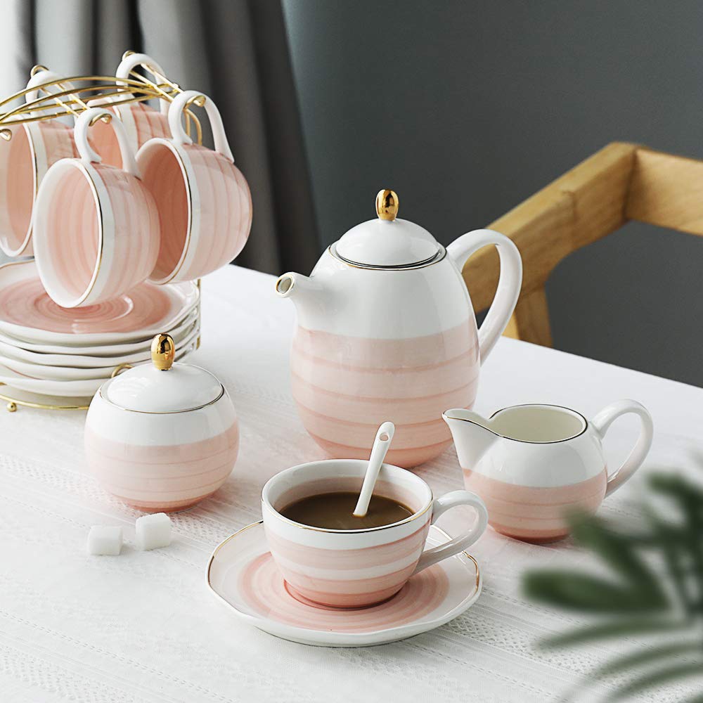 Sweejar Porcelain Tea Sets, 8 OZ Cups & Saucer Service for 4, Teapot Sugar Bowl Cream Pitcher Teaspoons and Tea Strainer for Adult Tea Coffee Afternoon Party(Blue)