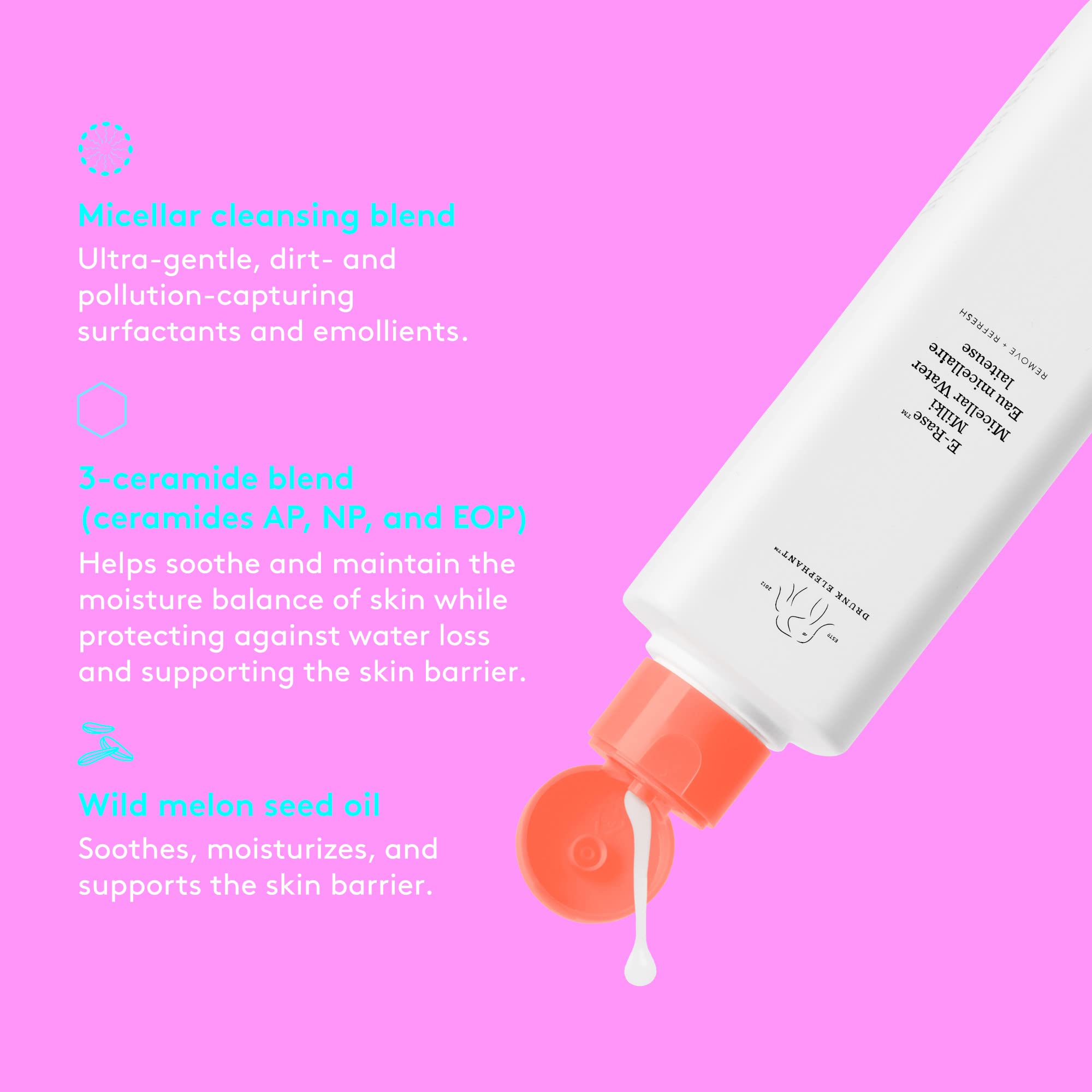 Drunk Elephant E-Rase Milki Micellar Water- Ultra Mild Formula to Gently Remove Makeup and Bacteria. (240ml)