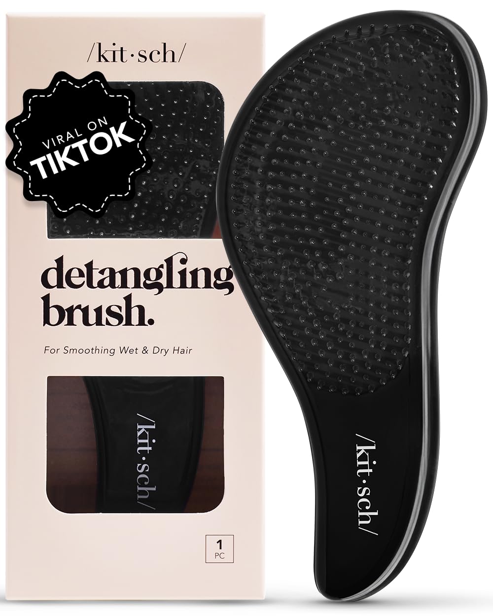 Kitsch Detangler Brush for Curly, Straight, Wet and Dry Hair - No Pain Hair Detangler Brush with Flexible Bristles, Easy-to-Hold, Shower & Travel Hair Brush for Adults and Kids - Black