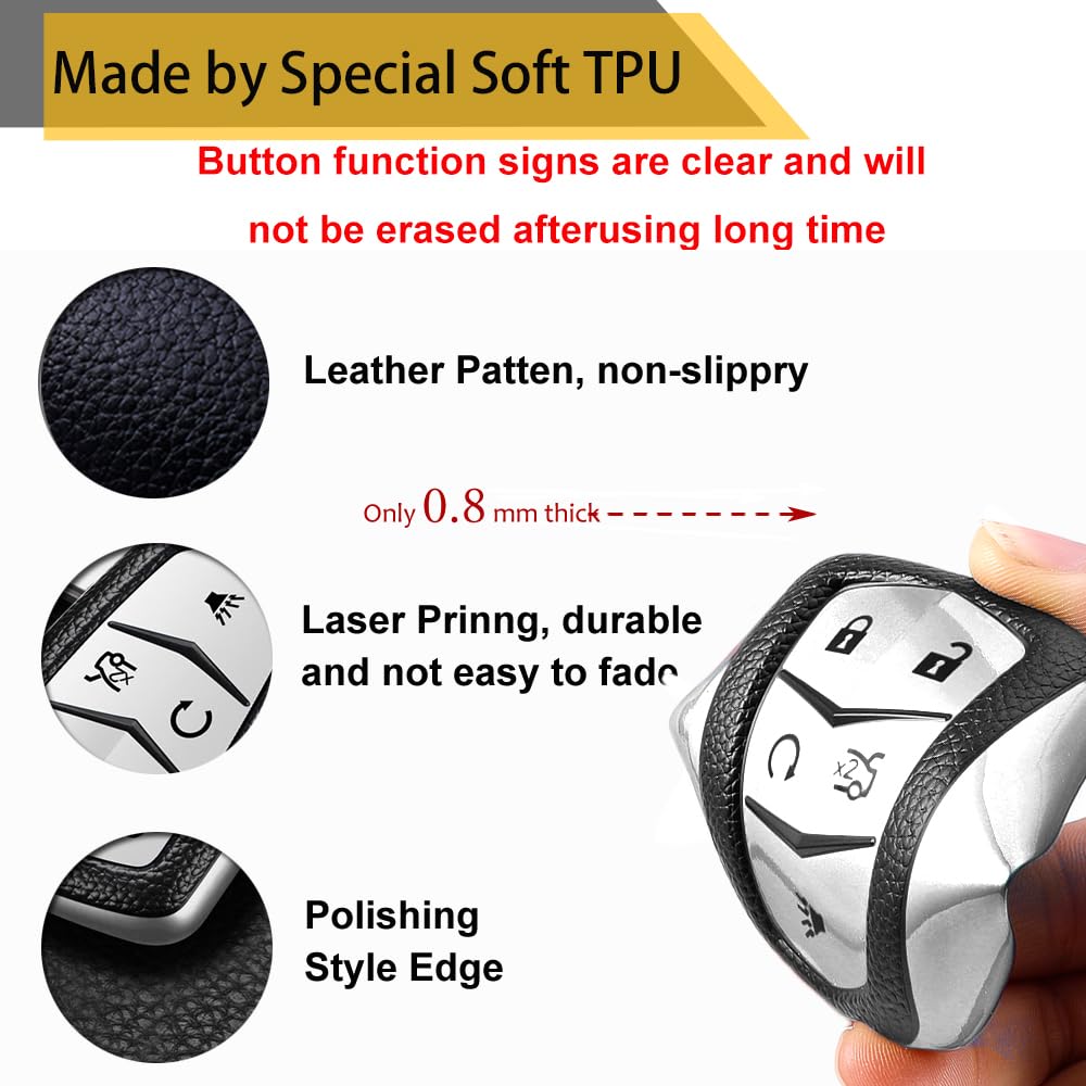 Cadillac Key Fob Cover with Metal Braided Rope Keychain, Upgraded Soft Key Case for 2015-2019 Escalade CTS SRX XT5 ATS STS CT6 (5 Button) (Gold Edge)