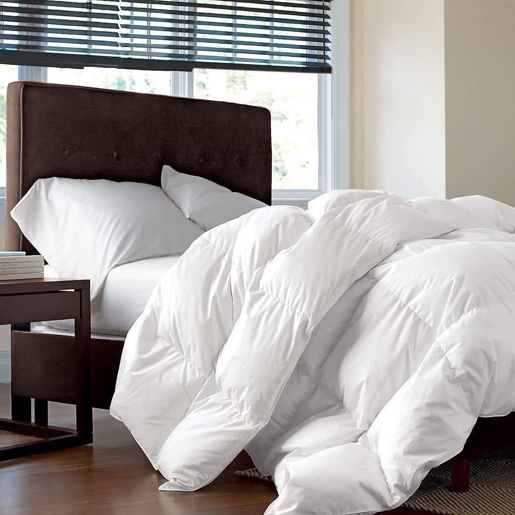 Luxurious Queen Size Goose Down Fiber Waterfowl Feather Fiber Comforter Duvet, 100% Egyptian Cotton Cover, 48 oz. Fill Weight, Baffle Box Design, White Solid