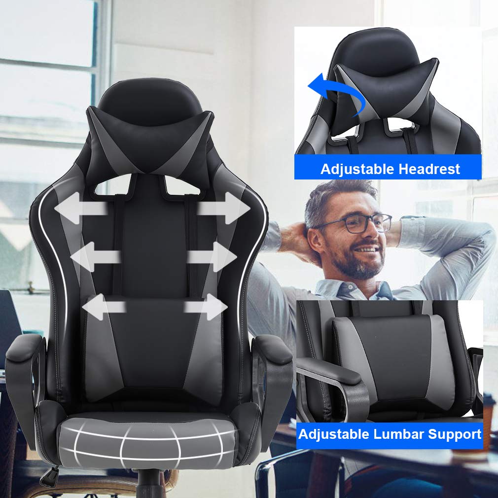 Ergonomic Office Chair, High-Back White Gaming Chair with Lumbar Support PC Computer Chair Racing Chair PU Task Desk Chair Ergonomic Executive Swivel Rolling Chair for Back Pain Women, Men (Black)