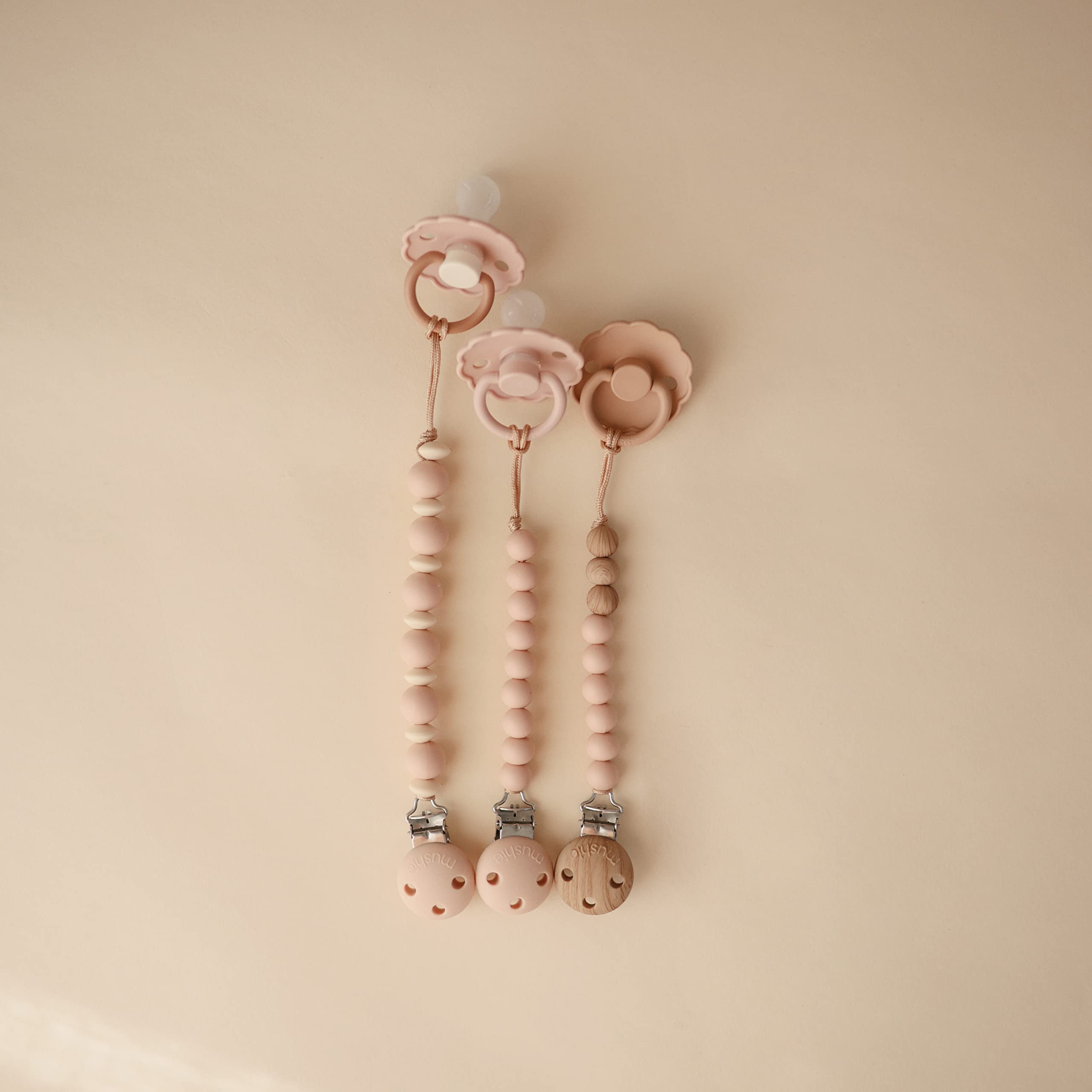 mushie 100% Silicone Baby Pacifier Clip BPA Free | Luna (Faux Wood)