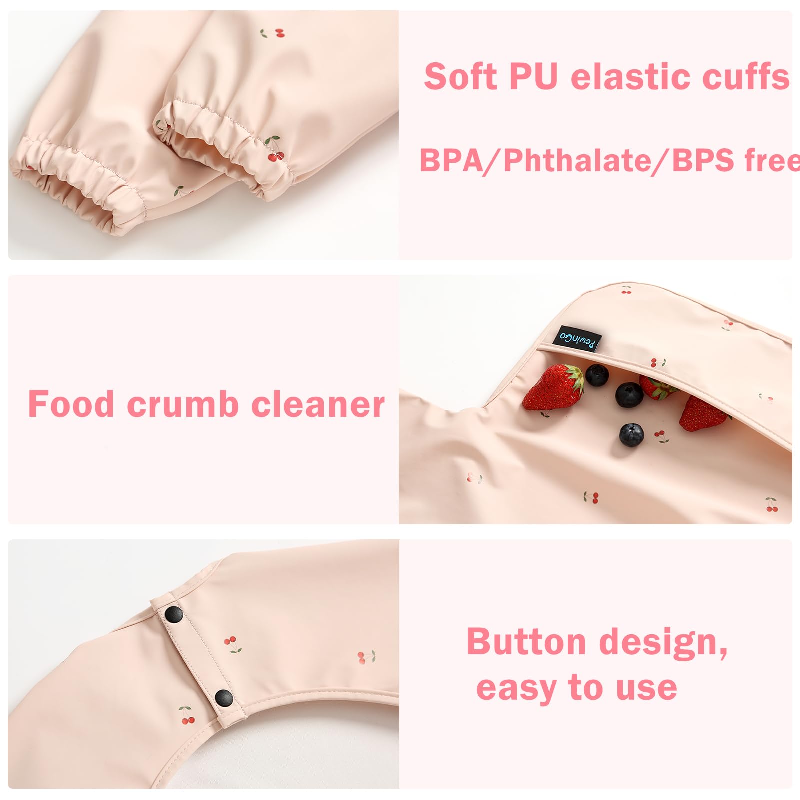 PewinGo Weaning Bib with Long Sleeves & BLW, Soft and Skin-Friendly Material, Coverall Bibs for Baby Feeding, Waterproof and Easy to Clean & Machine Washable, for Baby Infant Toddlers (Pink)