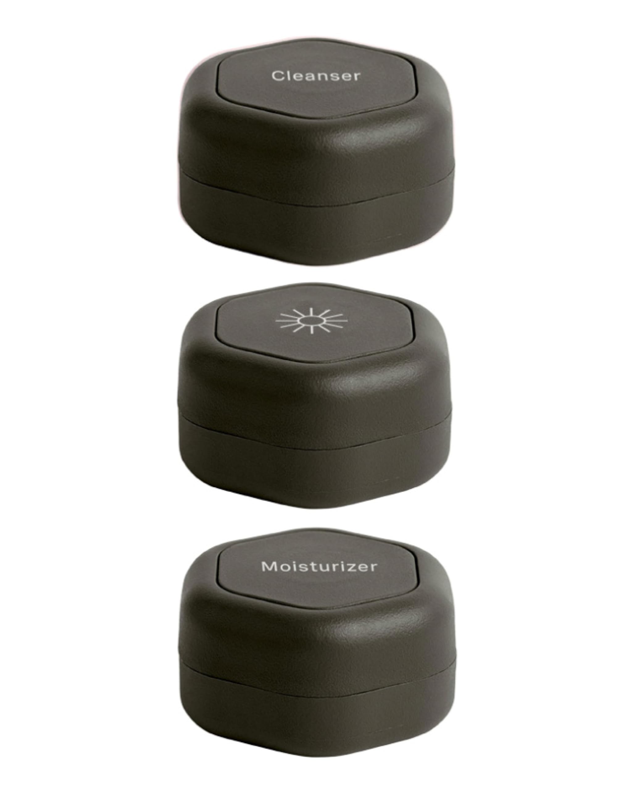 Cadence Travel Containers - Skincare Set - Magnetic Travel Capsules - for Facial Cleanser, Moisturizer, Sunscreen - 3 Small Capsules (0.56oz) with Cleanser, Moisturizer & Sun-Icon Labels - Sand