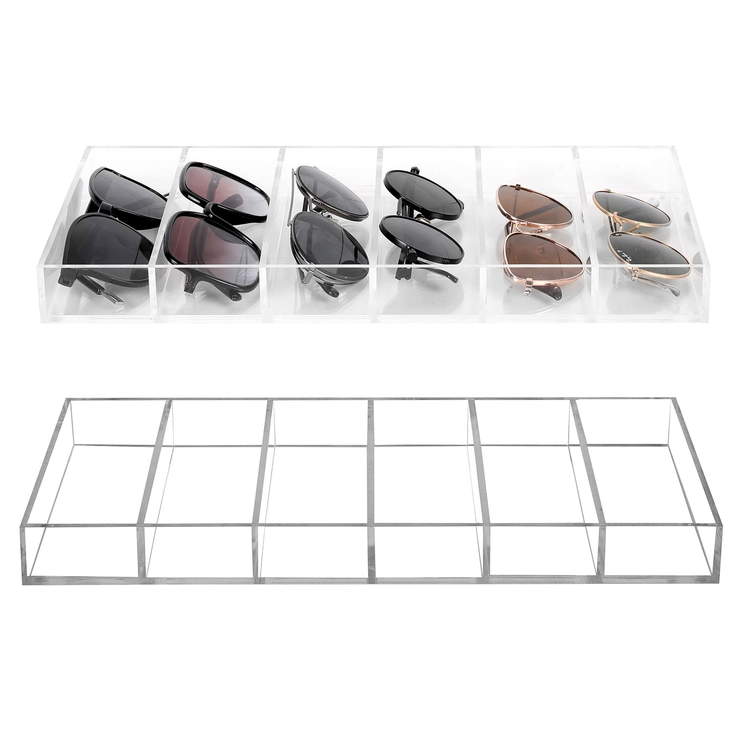 MyGift Premium Clear Acrylic Sunglass Holder Display Tray with 6 Compartments, Drawer Organizer Storage Case for Sunglasses, Reading Glasses, Eyewear, Jewelry, Makeup and Perfume Vanity Tray