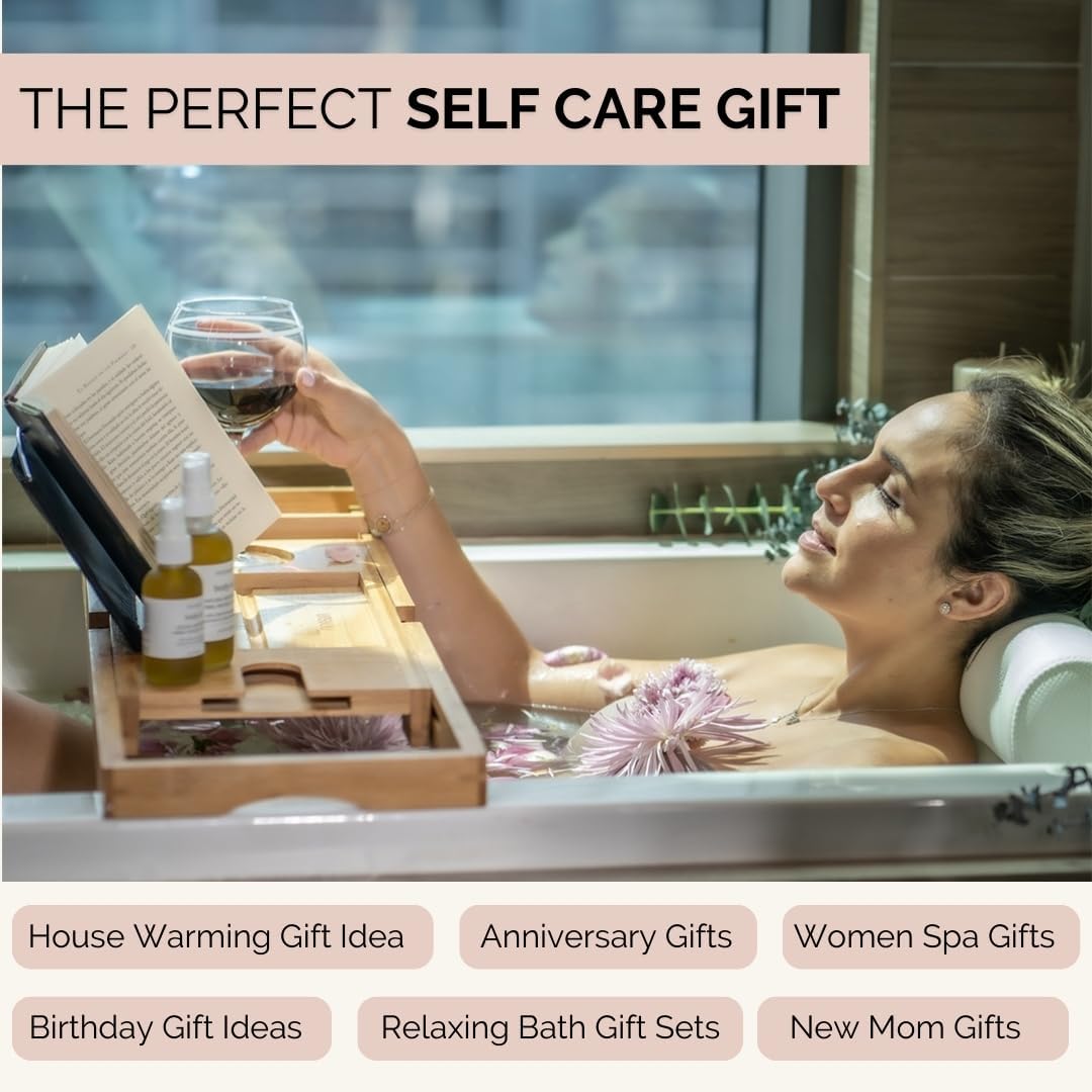 Bathtub Tray and Luxury Bath Pillow Set - Expandable Bath Tray for Tub and Deluxe Bathtub Pillow for Tub for Ultimate Relaxation - Perfect Bath Accessories for Women, Spa Gifts for Women.