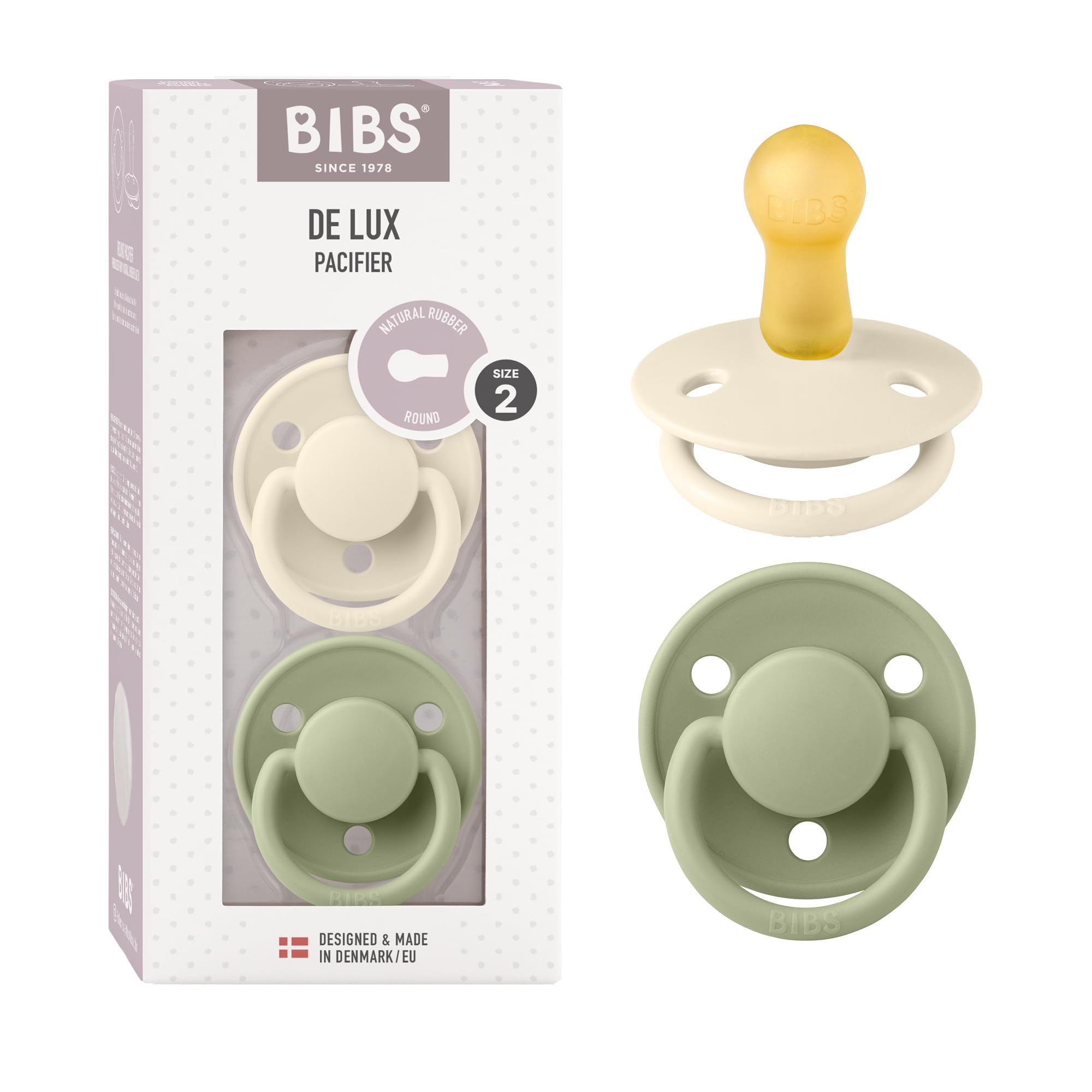 BIBS De Lux Baby Pacifier 2-Pack | Made in Denmark | BPA Free Dummy Soother, Round Nipple. Natural Rubber Latex, Size 2 (6-18 Months), Vanilla/Dark Oak