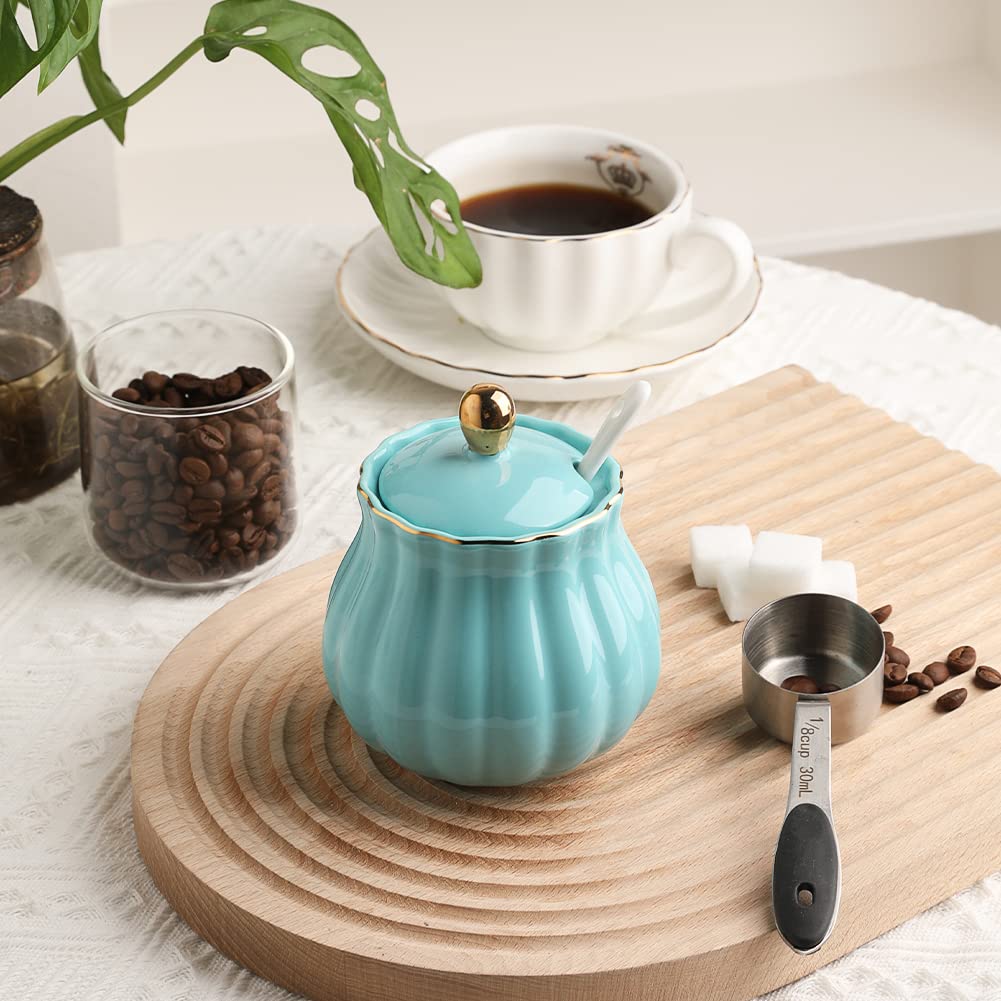 Sweejar Royal Ceramic Sugar and Creamer Set, 3 Piece Set with Cream Pitcher, Sugar Bowl, Sugar Set with Lid & Spoon, Coffee Serving Set Wedding Gift(White)