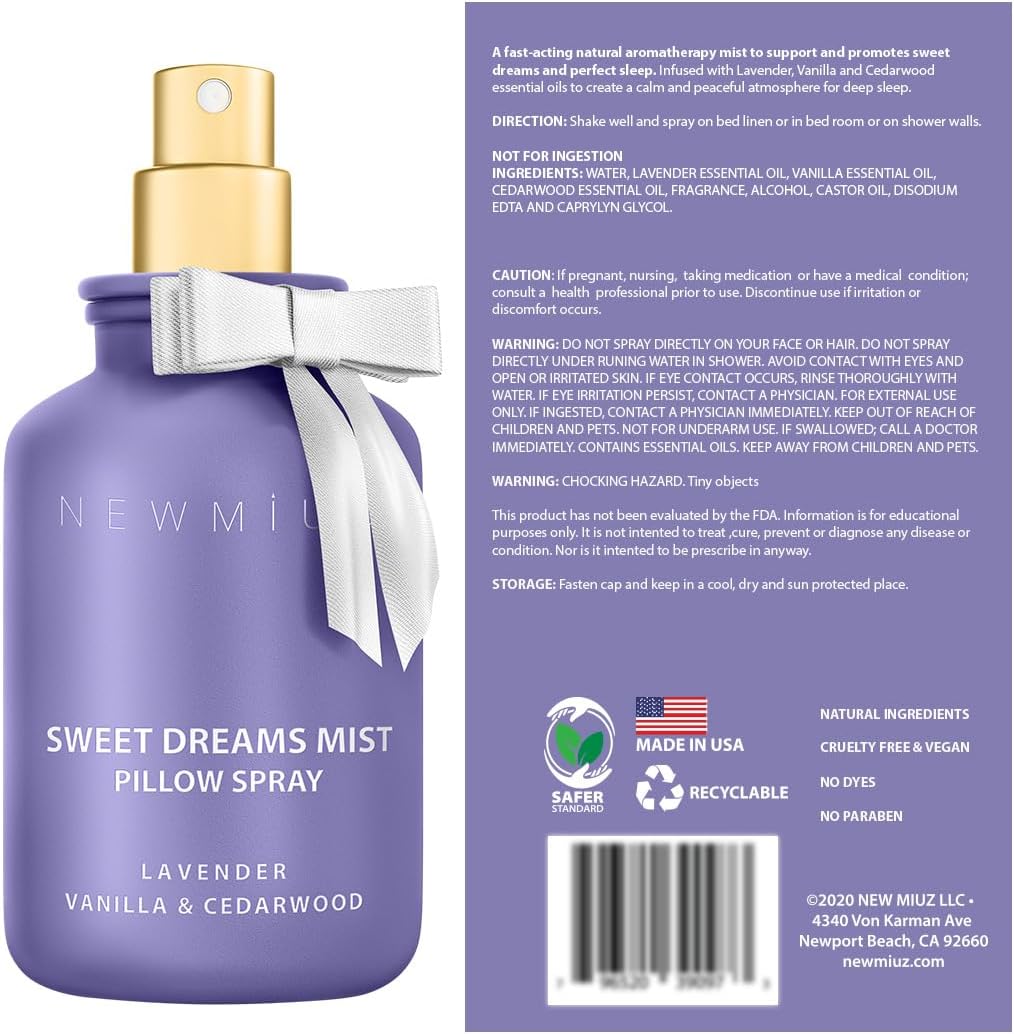 Sweet Dreams Sleep Pillow Spray Lavender Vanilla Cedarwood Essential Oils Fast Acting Aromatherapy Mist for Restful Sleep Relaxation Calming Stress Relief Bedtime & Shower Spray Luxury Self care Gift