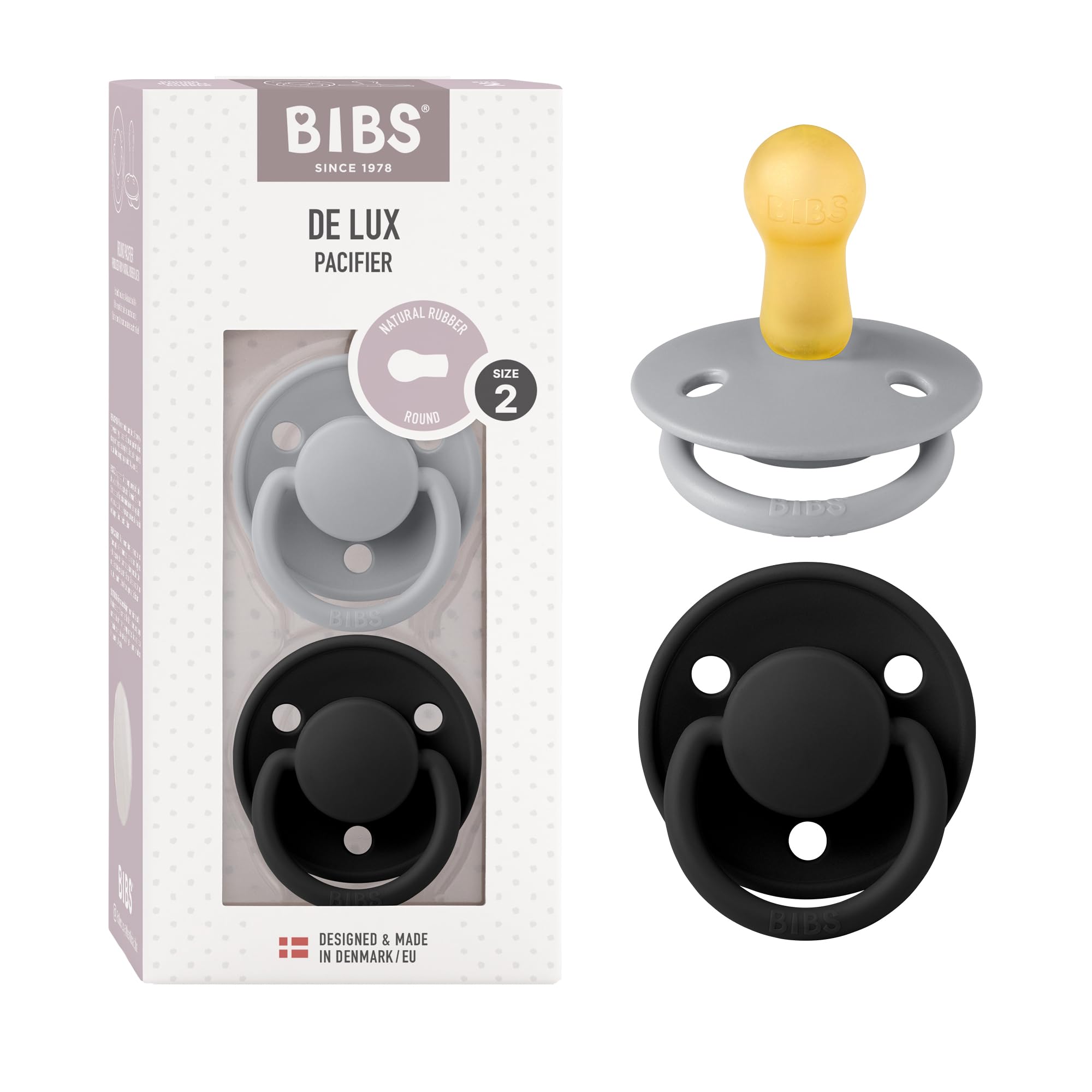 BIBS De Lux Baby Pacifier 2-Pack | Made in Denmark | BPA Free Dummy Soother, Round Nipple. Natural Rubber Latex, Size 2 (6-18 Months), Vanilla/Dark Oak