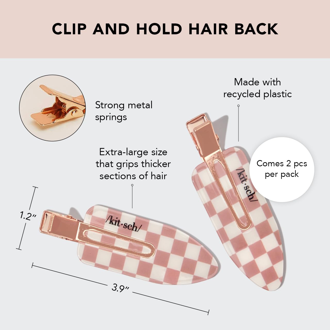 Kitsch Creaseless Hair Clips - Recycled Plastic XL No Bend Hair Clips for Makeup | No Crease Hair Clips | Stylish Make Up Hair Clip | Hair Accessories Styling Clips, 2pcs (Terracotta Checker)