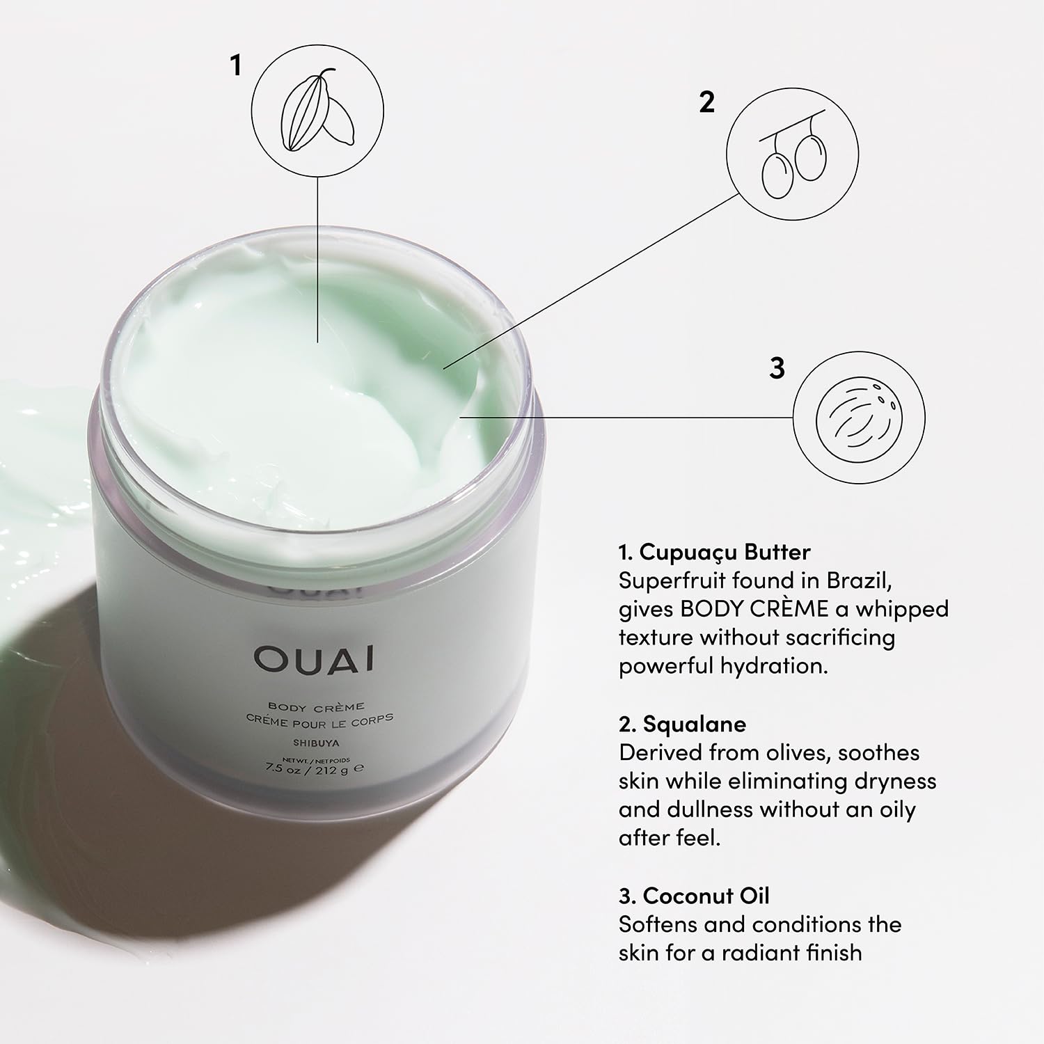 OUAI Body Cream, St. Barts - Hydrating Whipped Body Cream with Cupuaçu Butter, Coconut Oil and Squalane - Softens Skin and Delivers Healthy-Looking Glow - Sulfate-Free Skin Care - 7.5 Oz
