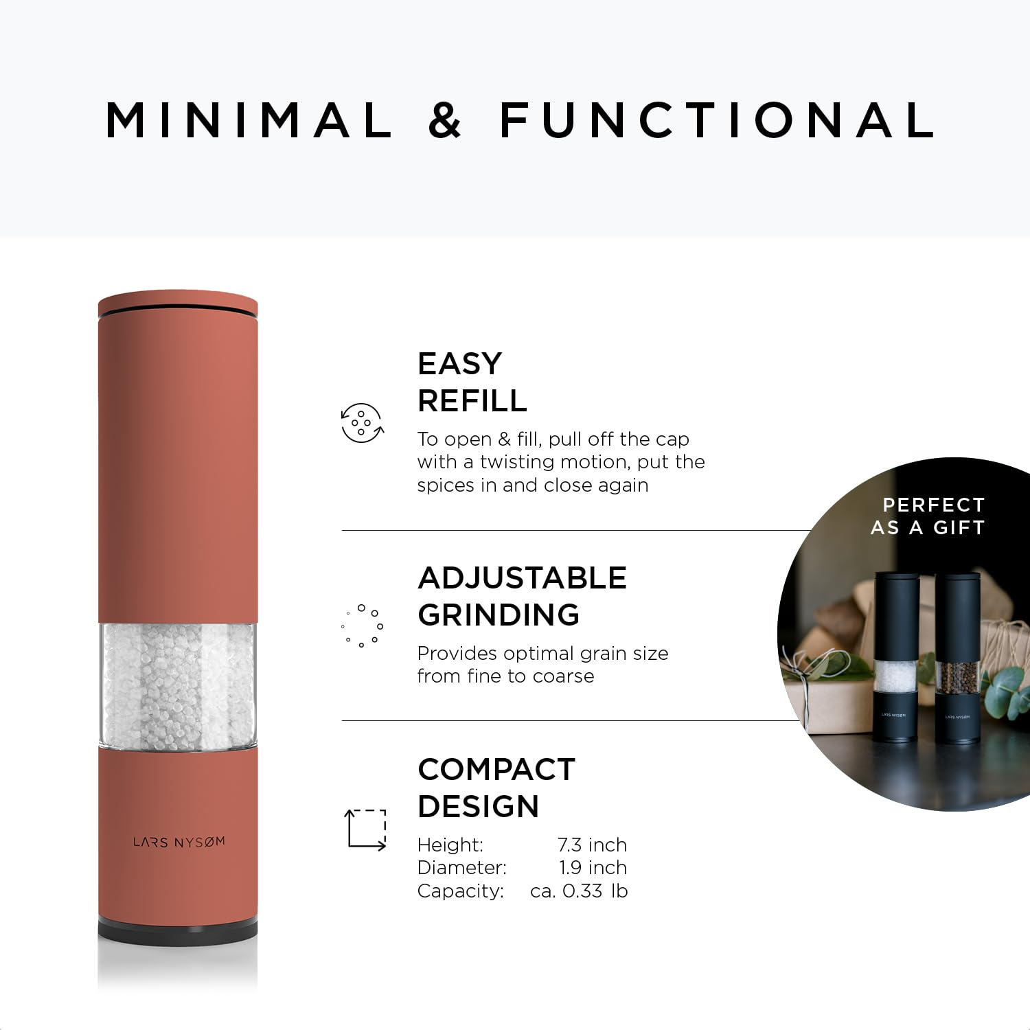 LARS NYSØM Salt and Pepper Mills Set Stainless Steel with Adjustable Ceramic Grinder 2 Pieces I Design Spice Mills Set Manual (Brown/Beige)