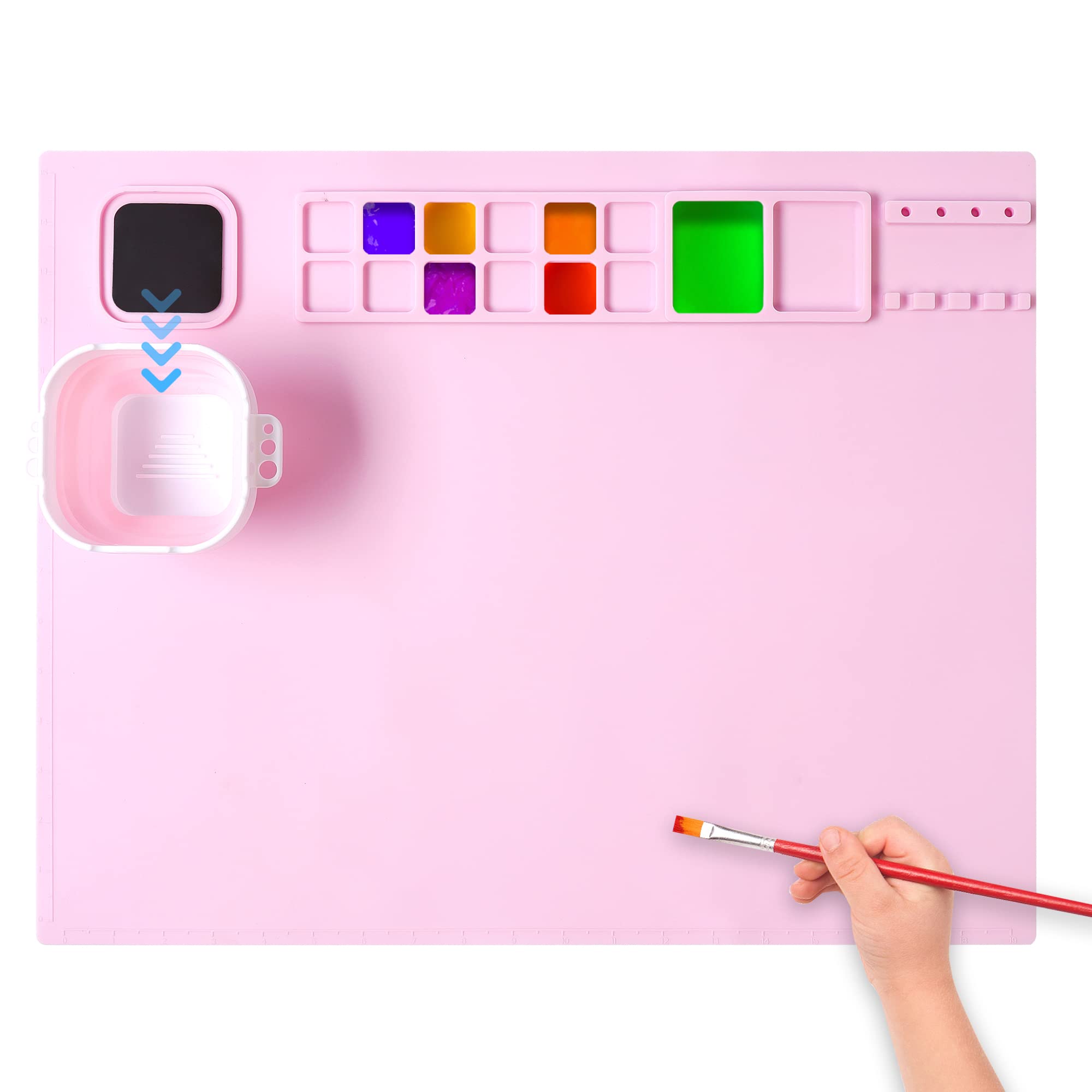 AWOKE Silicone Painting Mat - 20"X16" Silicone Art Mat with 1 Water Cup for Kids - Silcone Craft Mat has12 Color Dividers - 2 Paint Dividers (White)