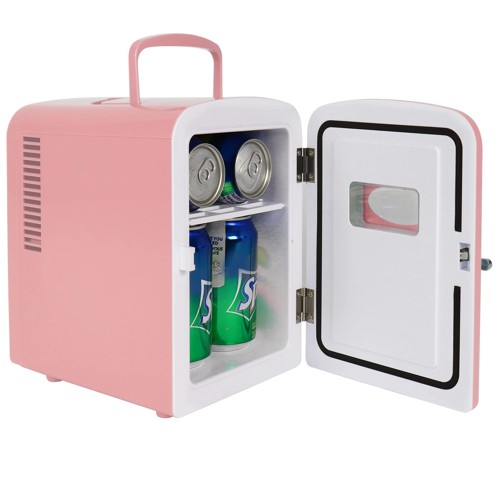 Koolatron Retro Mini Portable Fridge, 4L Compact Refrigerator for Skincare, Beauty Serum, Face Mask, Personal Cooler, Includes 12V Car Adapter, Desktop Accessory for Home Office Dorm Travel, Pink
