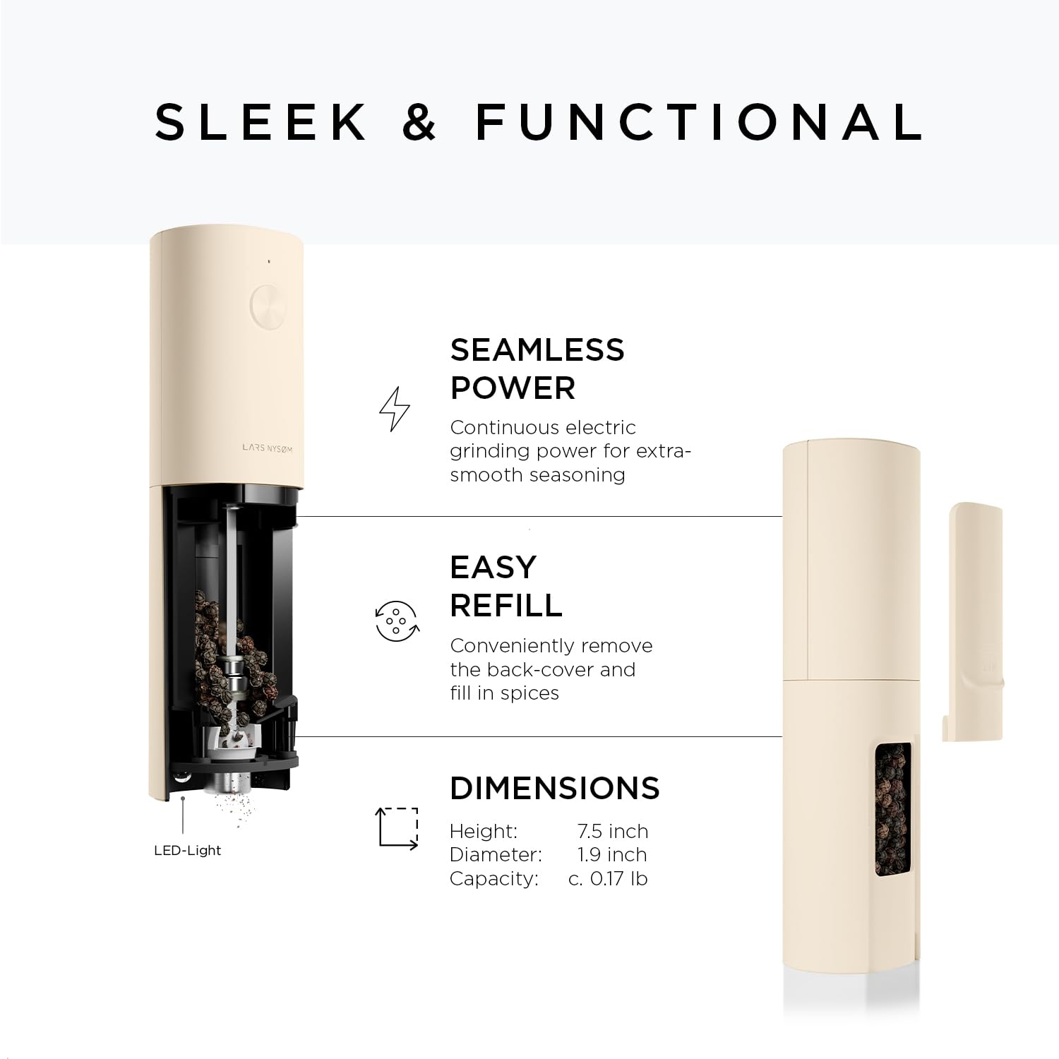 LARS NYSØM Electric Salt and Pepper Grinder Set I Automatic Salt and Pepper Mills with Adjustable Ceramic Grinder I USB Rechargeable Electric Spice Grinder Set (Almond Beige)