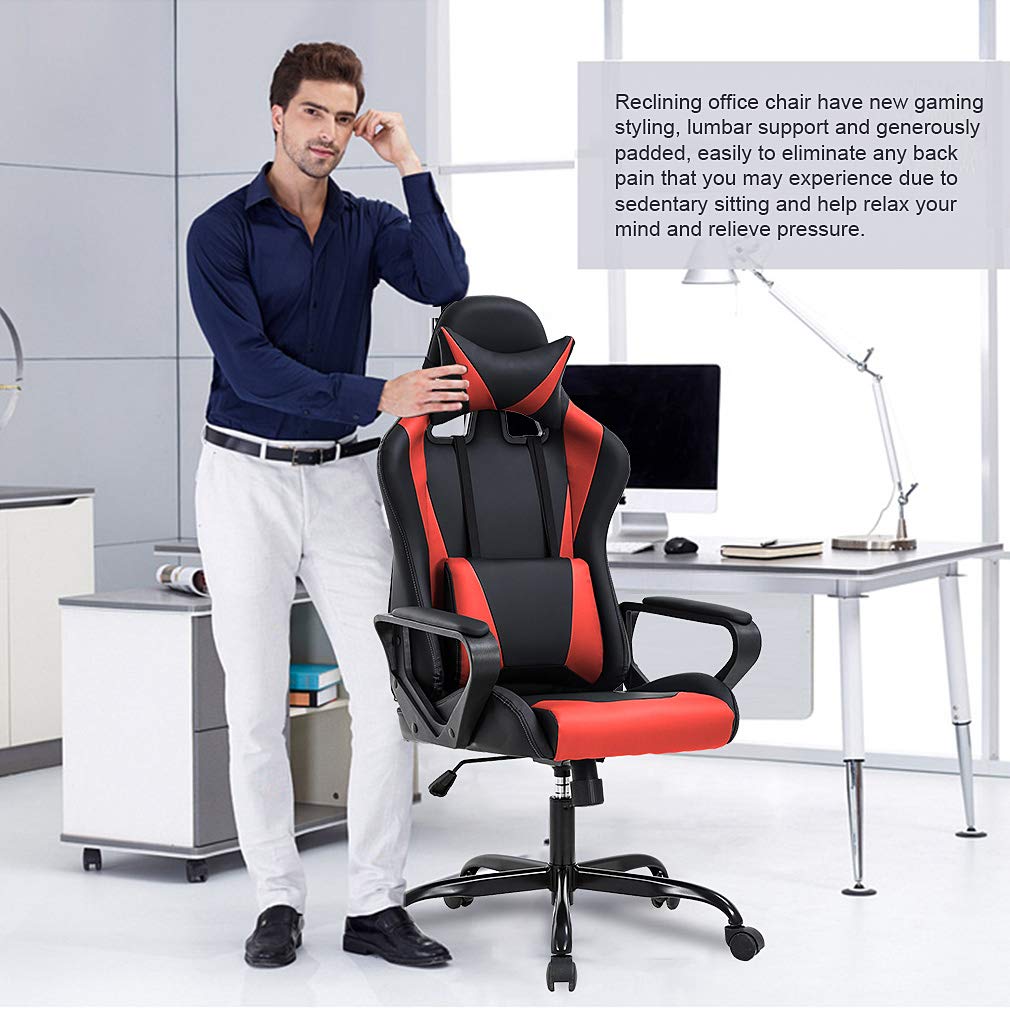 Ergonomic Office Chair, High-Back White Gaming Chair with Lumbar Support PC Computer Chair Racing Chair PU Task Desk Chair Ergonomic Executive Swivel Rolling Chair for Back Pain Women, Men (Black)