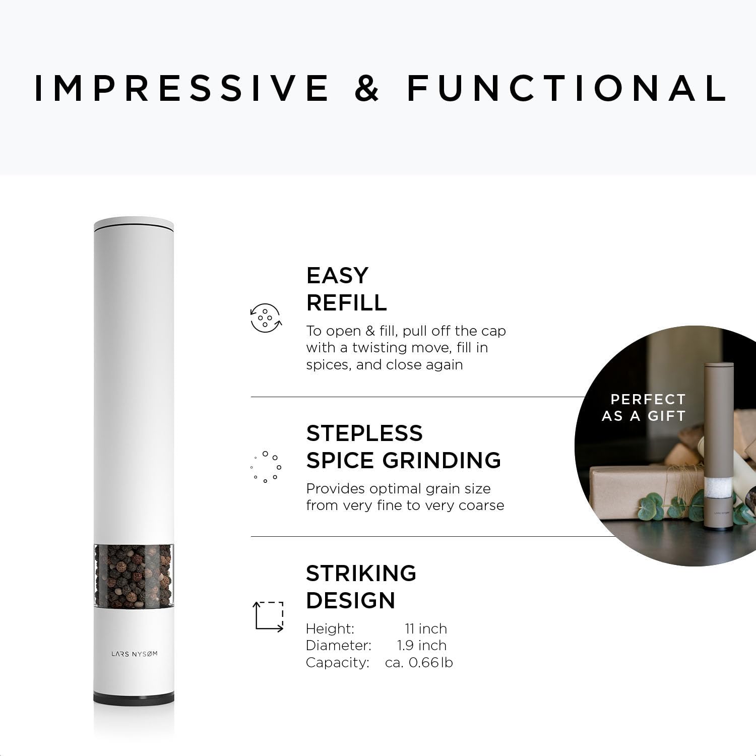 LARS NYSØM Salt and Pepper Mills Set Stainless Steel with Adjustable Ceramic Grinder 2 Pieces I Design Spice Mills Set Manual (Brown/Beige)