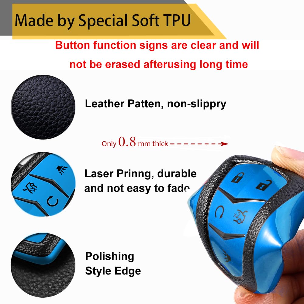 Cadillac Key Fob Cover with Metal Braided Rope Keychain, Upgraded Soft Key Case for 2015-2019 Escalade CTS SRX XT5 ATS STS CT6 (5 Button) (Gold Edge)