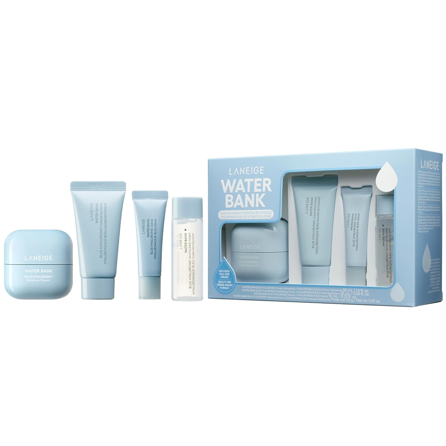 LANEIGE Water Bank Blue Hyaluronic Hydration Set: Hydrate, Nourish, Full Sized Cream Moisturizer, Travel Sized Eye Cream, Toner, Cleanser