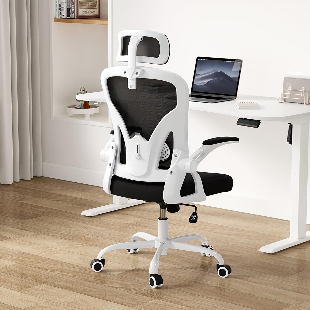 Farini Ergonomic Office Chair, Home Office Desk Chair with Headrest, High Back Computer Chair with Flip-up Armrests and Adjustable Lumbar Support for Home Office Study Bedroom, Khaki.