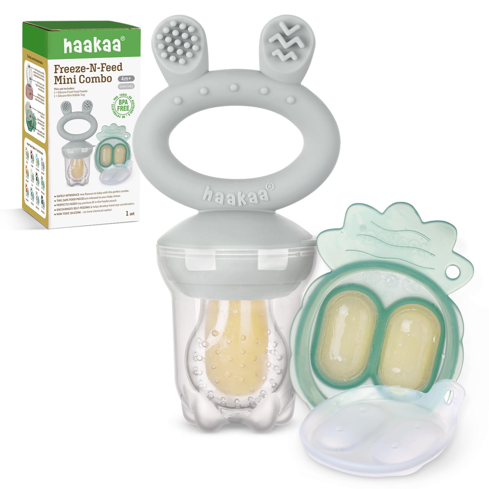 Haakaa Baby Fruit Food Feeder & Mini Freezer Nibble Tray Combo, Breastmilk Popsicle Molds for Cooling Relief, BPA Free Silicone Feeder for Safe Infant Self Feeding, 4 Month+ (Pea Green)