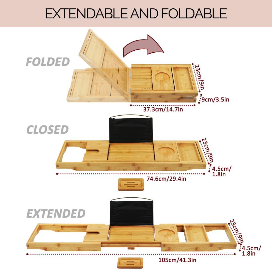 Bamboo Bathtub Tray Caddy Expandable - Over The Tub Bath Caddy Tray for Bathtub Accessories for Relaxing Spa, Bamboo Bath Tray for Tub Accessories for Bathtub for Women. Bath Spa Gifts for Women.