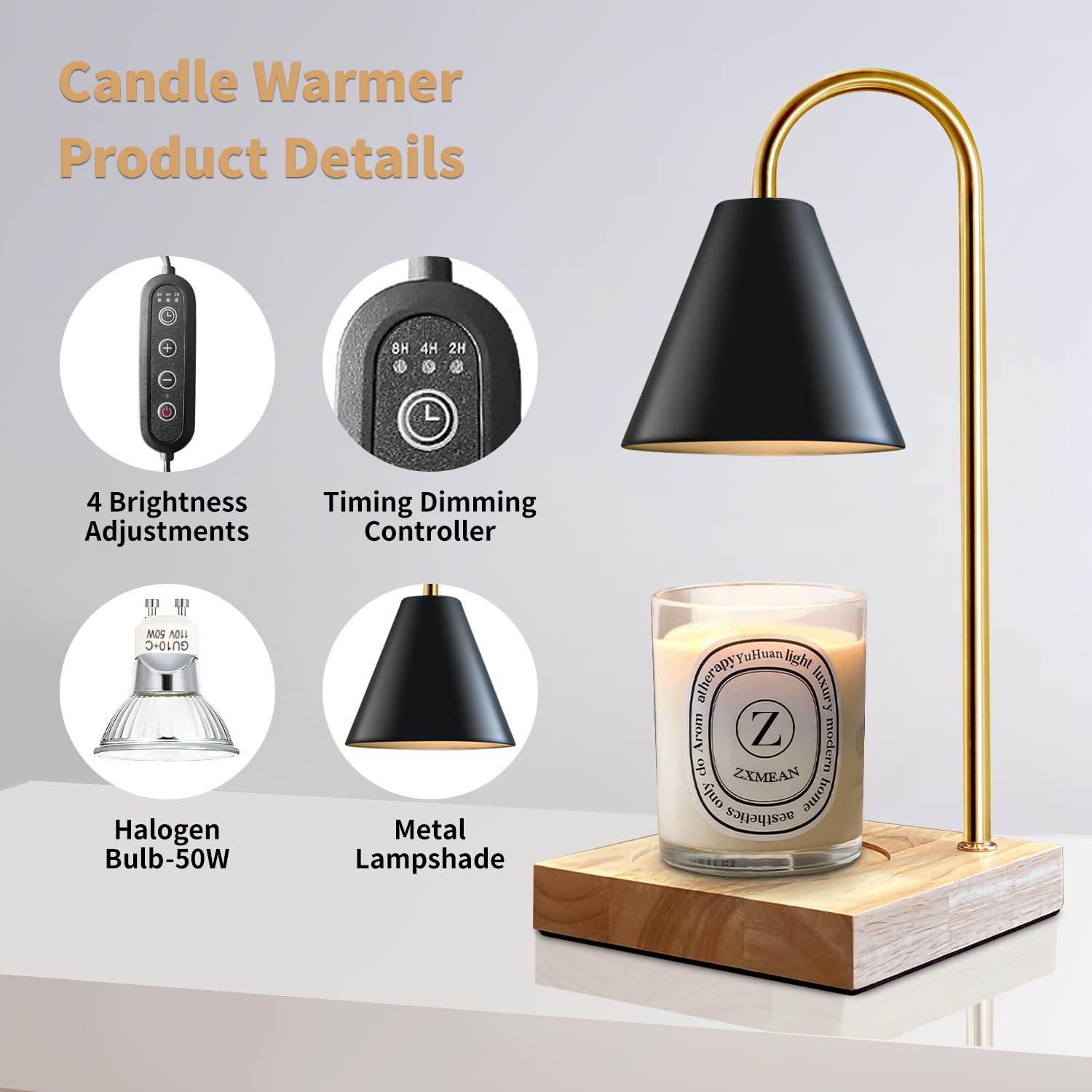Candle Warmer Lamp with Dimmer, Electric Candle Warmer for Jar Candles, Bedroom Home Decor, 2H/4H/8H Timer Adjustable Height with 2 Bulbs, (Amber)