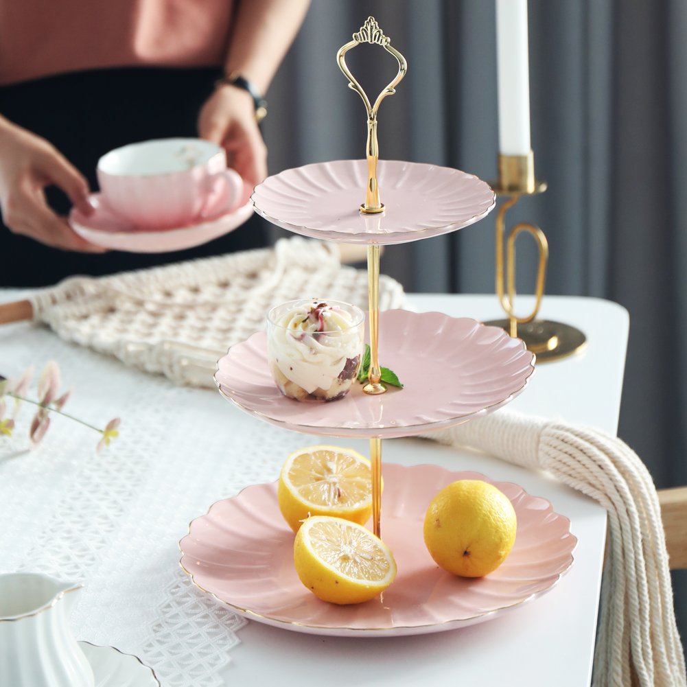 Sweejar Porcelain Tea Sets British Royal Series and 3 Tier Ceramic Cake Stand(Pink)