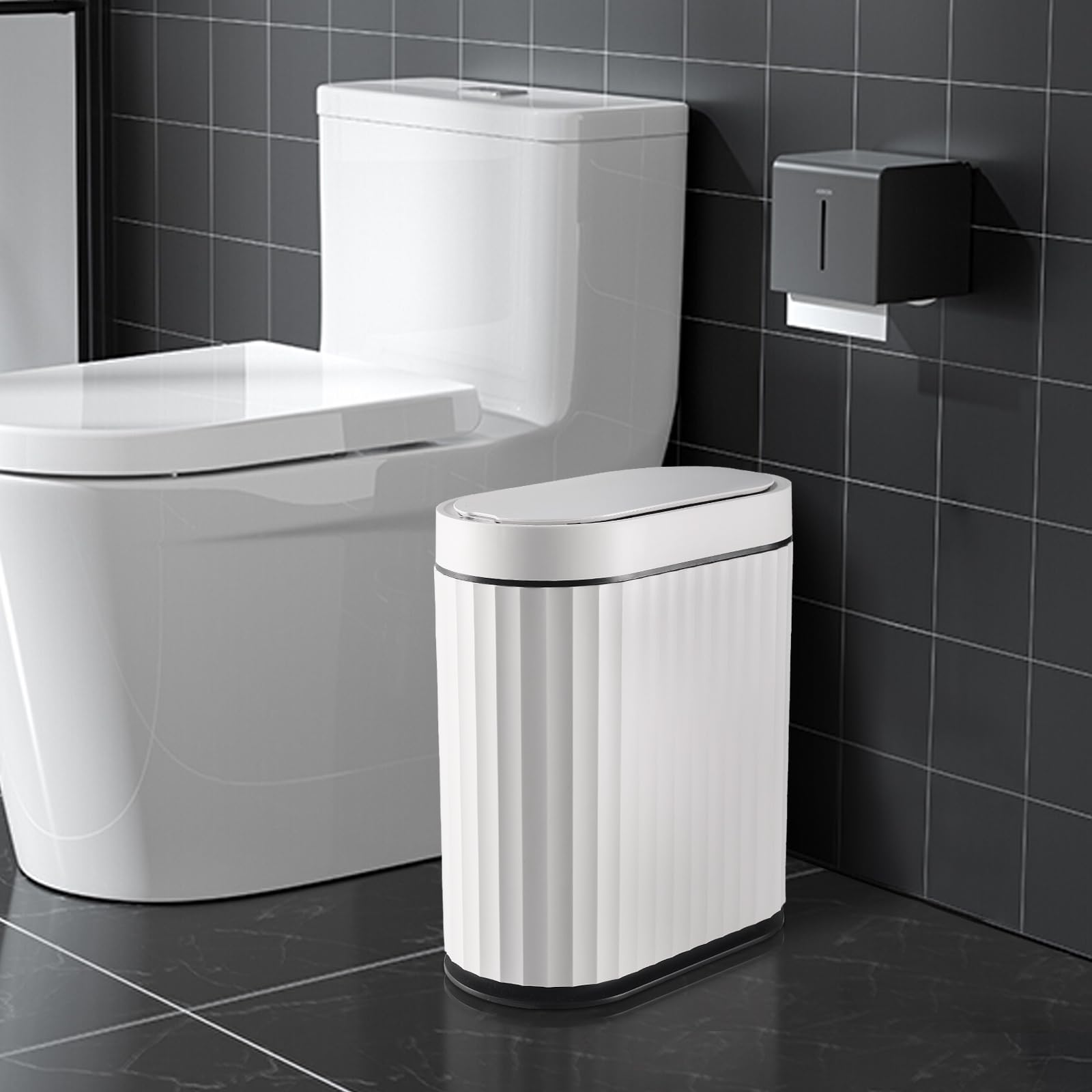 ELPHECO Mini Desktop Trash Can with Lid, Small Slim Automatic Garbage Can, 1.3 Gallon Motion Sensor Countertop Waste Basket for Bedroom, Office, Bathroom, White with Grey Trim