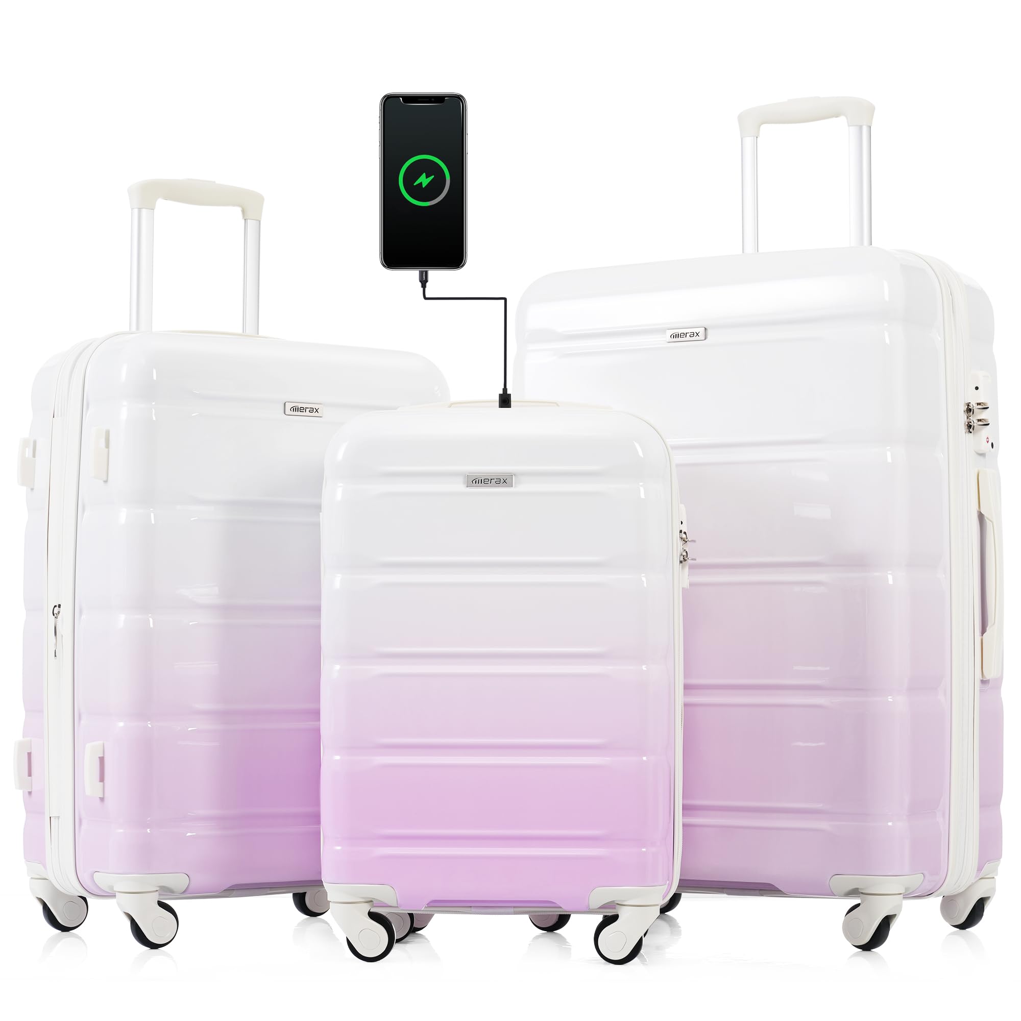 Merax 3 Pcs ABS Hardside Luggage Sets TSA Lock Spinner Wheel Suitcases, Pearly White, 20/24/28 Inch