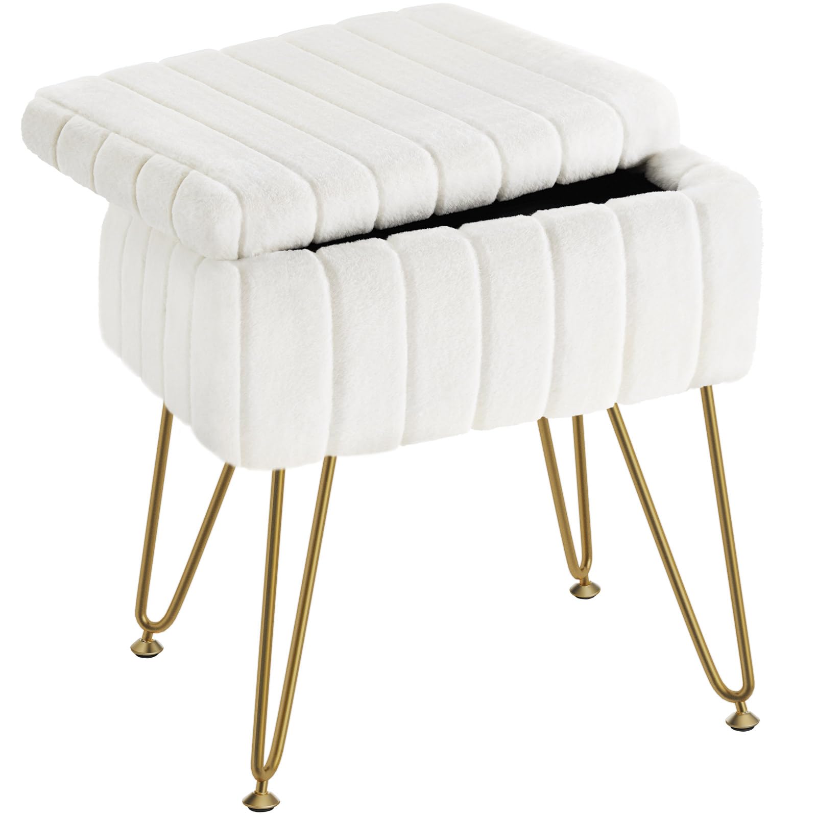 Greenstell Vanity Stool Chair Faux Fur with Storage, 19.4" H x 15.7" L x 11.8" W Soft Ottoman 4 Metal Legs with Anti-Slip Feet, Furry Padded Seat, Modern Multifunctional Chairs for Makeup, Bedroom