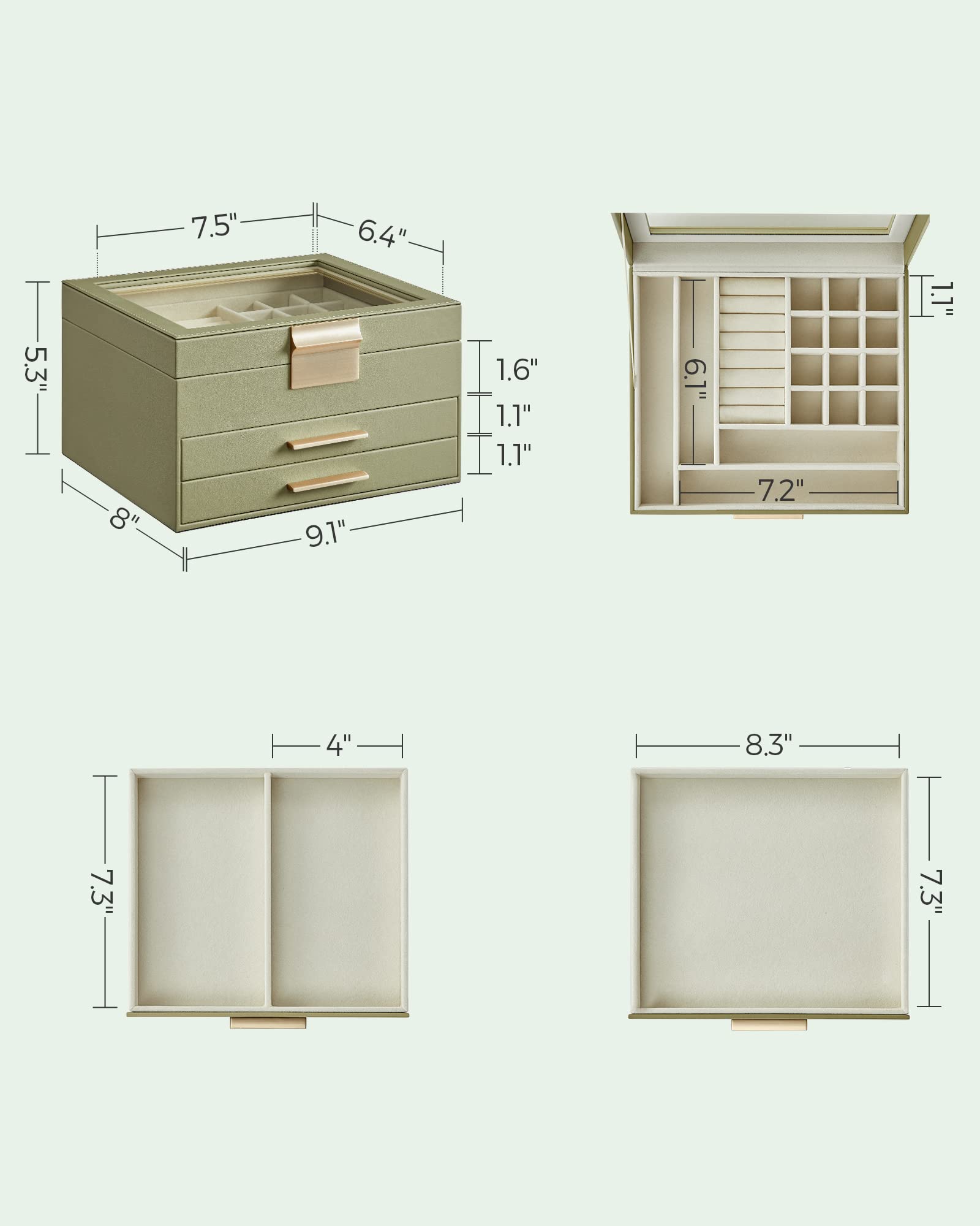SONGMICS Jewelry Box with Glass Lid, 3-Layer Jewelry Organizer, 2 Drawers, for Big and Small Jewelry, Jewelry Storage, Modern Style, 8 x 9.1 x 5.3 Inches, Cloud White and Gold Color UJBC239WT