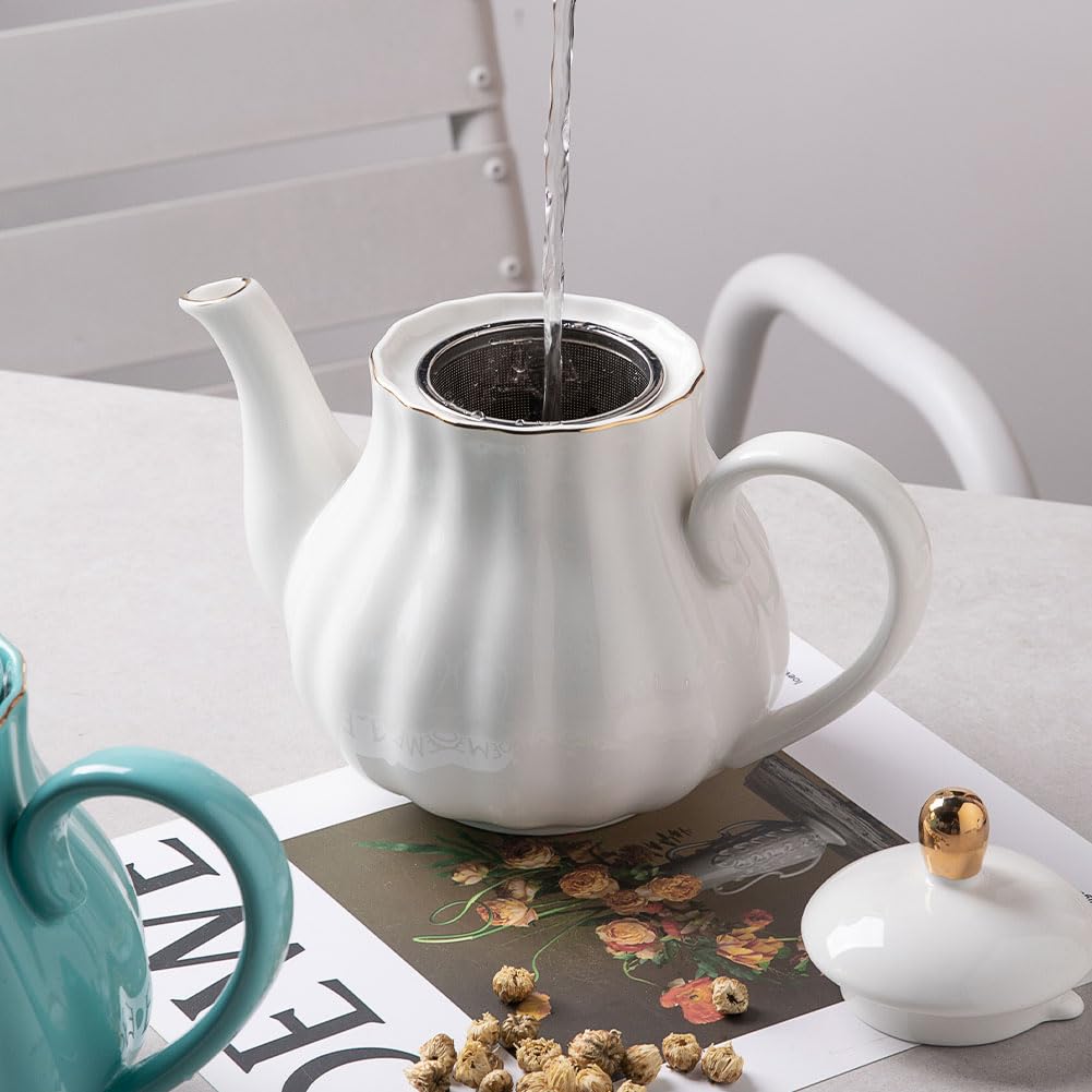 Sweejar Royal Teapot, Ceramic Tea Pot with Removable Stainless Steel Infuser, Blooming & Loose Leaf Teapot - 28 Ounce(White)