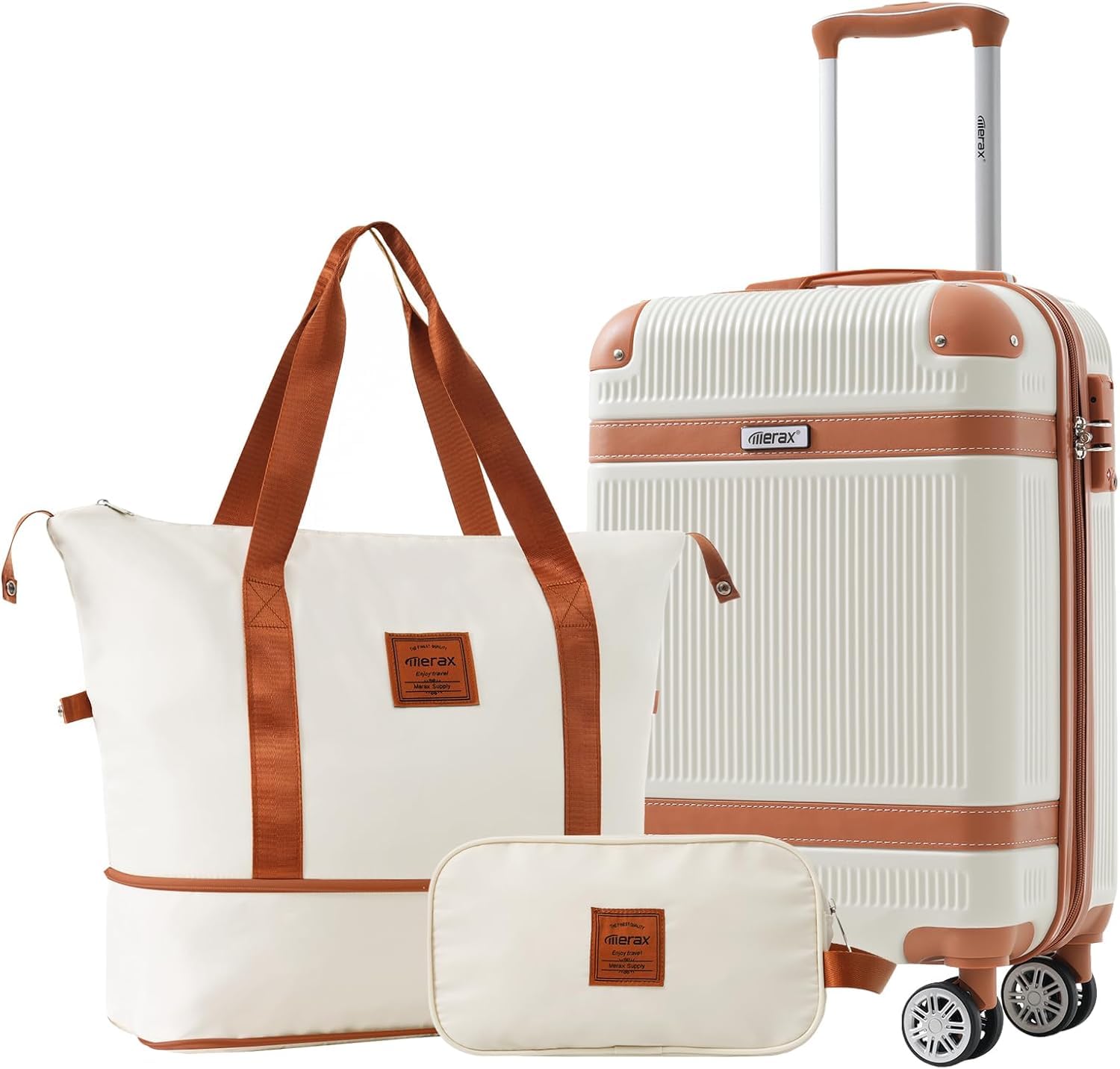 Merax 3 Pcs ABS Hardside Luggage Sets TSA Lock Spinner Wheel Suitcases, Pearly White, 20/24/28 Inch