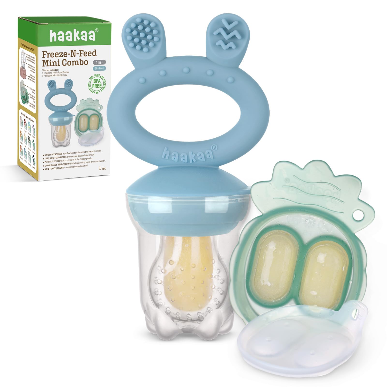 Haakaa Baby Fruit Food Feeder & Mini Freezer Nibble Tray Combo, Breastmilk Popsicle Molds for Cooling Relief, BPA Free Silicone Feeder for Safe Infant Self Feeding, 4 Month+ (Pea Green)