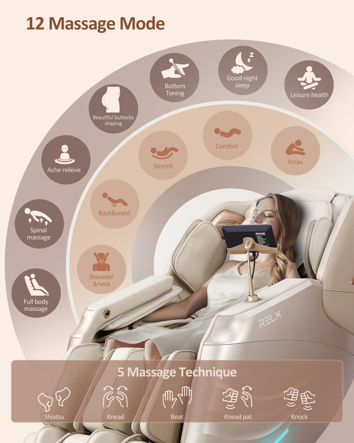 RELX Massage Chair Full Body Zero Gravity SL-Track Shiatsu Massage Chair, 12 Modes, Airbag Massage, with Yoga Stretch, Foot Massage, AI Control (Cream)