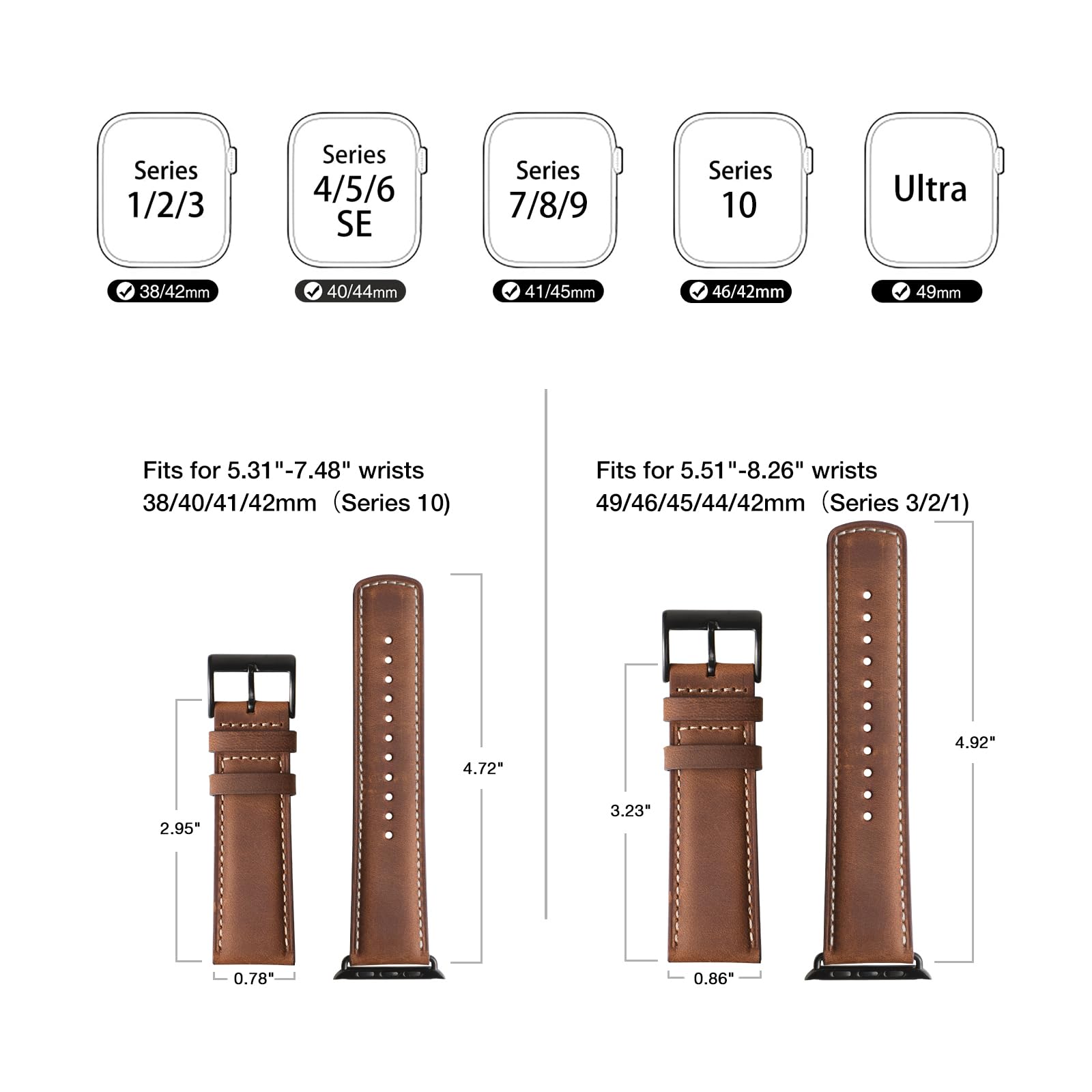 Bestig Compatible with Apple Watch Band 49mm 46mm 45mm 44mm 42mm(Series 3 2 1) Apple Watch Leather Bands Genuine Leather for iWatch Strap Ultra Series 10 9 8 7 6 5 4 SE Women Man-Redbrown/Black