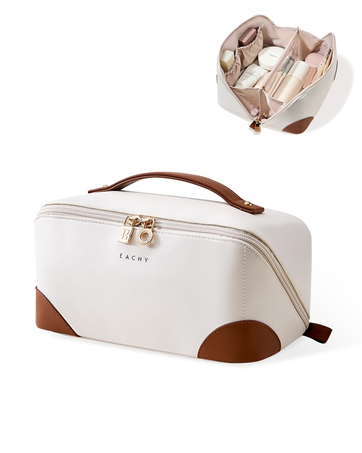 EACHY Travel Makeup Bag,Large Capacity Cosmetic Bags for Women,Waterproof Portable Pouch Open Flat Toiletry Bag Make up Organizer with Divider and Handle