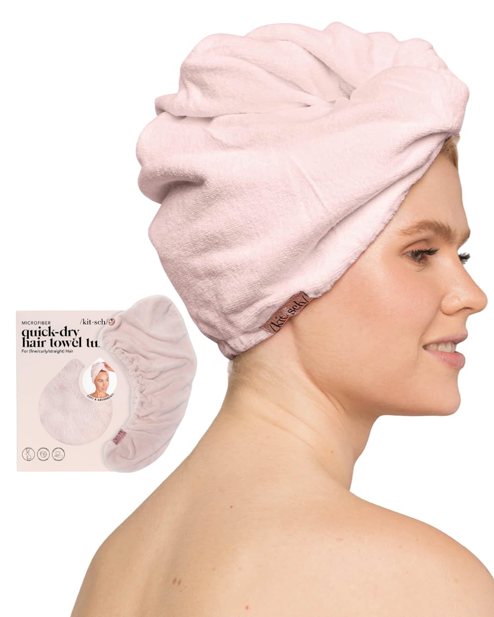 Kitsch Microfiber Hair Towel Wrap - Quick Dry Curly Hair Wraps for Women Wet Hair | Microfiber Towel for Hair | Hair Drying Towel Wrap | Hair Towels for Women | Hair Turban for Wet Hair (Blush)