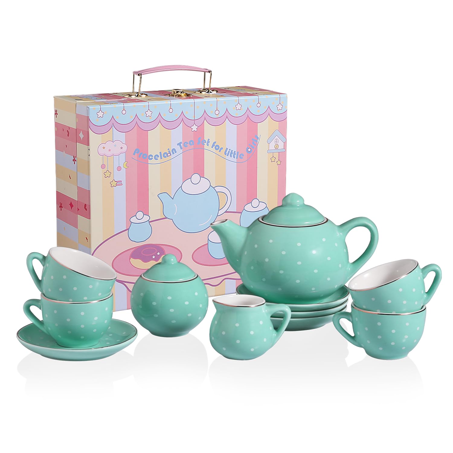 Sweejar Porcelain Tea Set for Little Girls,Kitchen Toys Tea Party Set for Kids Toddler Kitchen Pretend Toy Include Children Teapot, Cup & Saucer Set of 4, Sugar Bowl and Cream Pitcher(Pink Polka Dot)