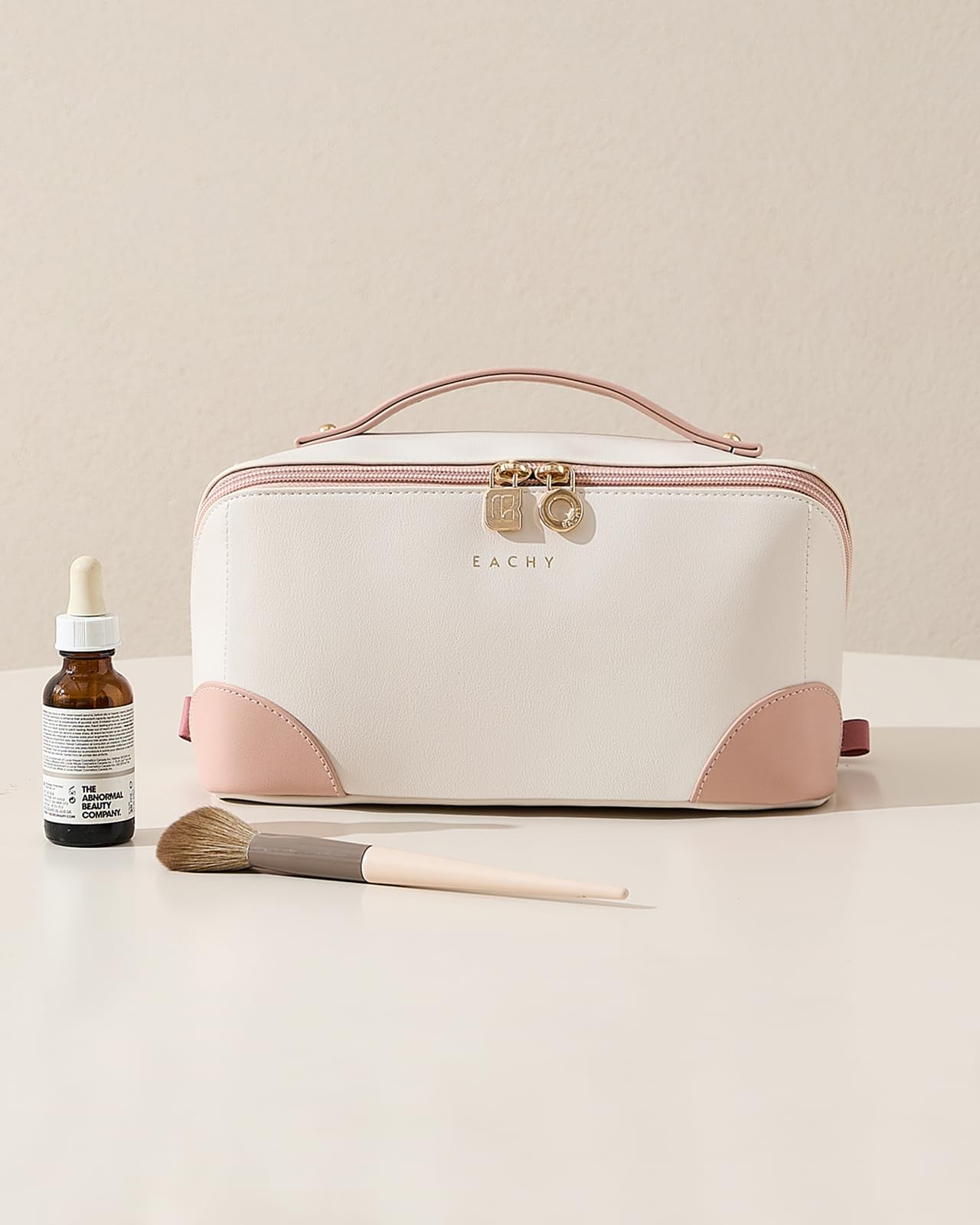 EACHY Travel Makeup Bag,Large Capacity Cosmetic Bags for Women,Waterproof Portable Pouch Open Flat Toiletry Bag Make up Organizer with Divider and Handle