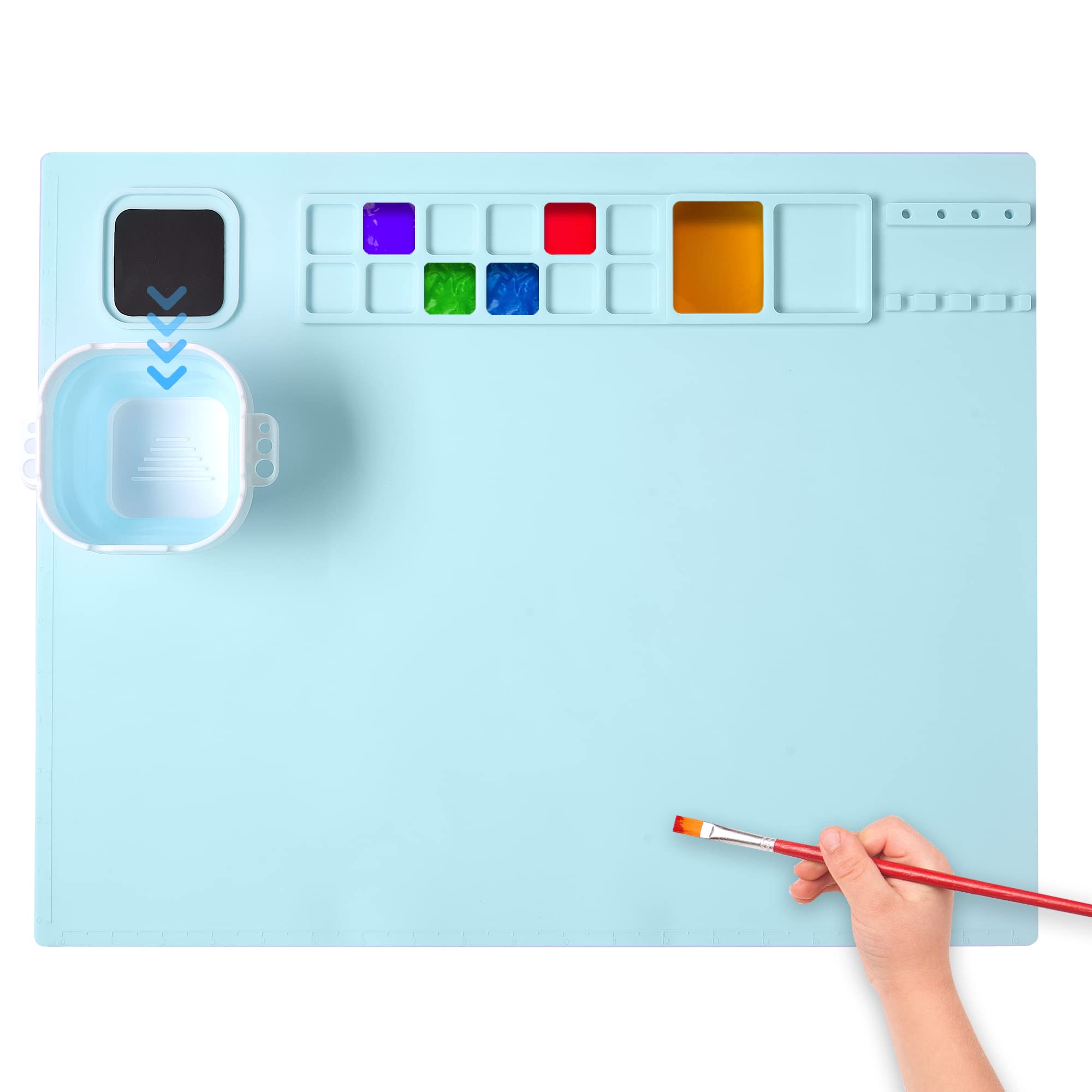 AWOKE Silicone Painting Mat - 20"X16" Silicone Art Mat with 1 Water Cup for Kids - Silcone Craft Mat has12 Color Dividers - 2 Paint Dividers (White)