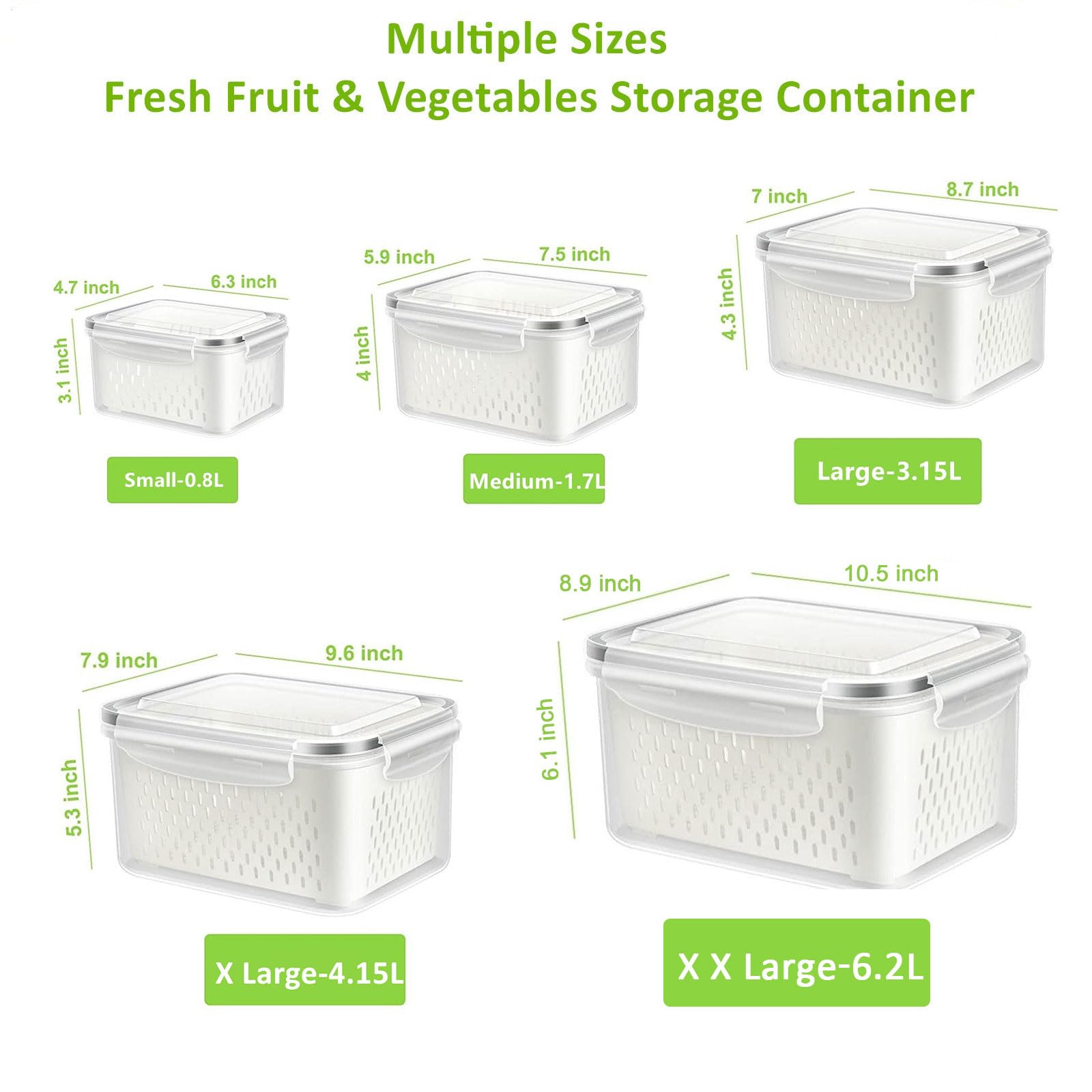 Fresh Food Storage Containers, 3 Pack Large Capacity Produce Saver Box with Drain Baskets & Lid for Vegetable and Fruit - BPA Free Stackable Refrigerator Organizer for Kitchen (0.8L+1.7L+3.15L)